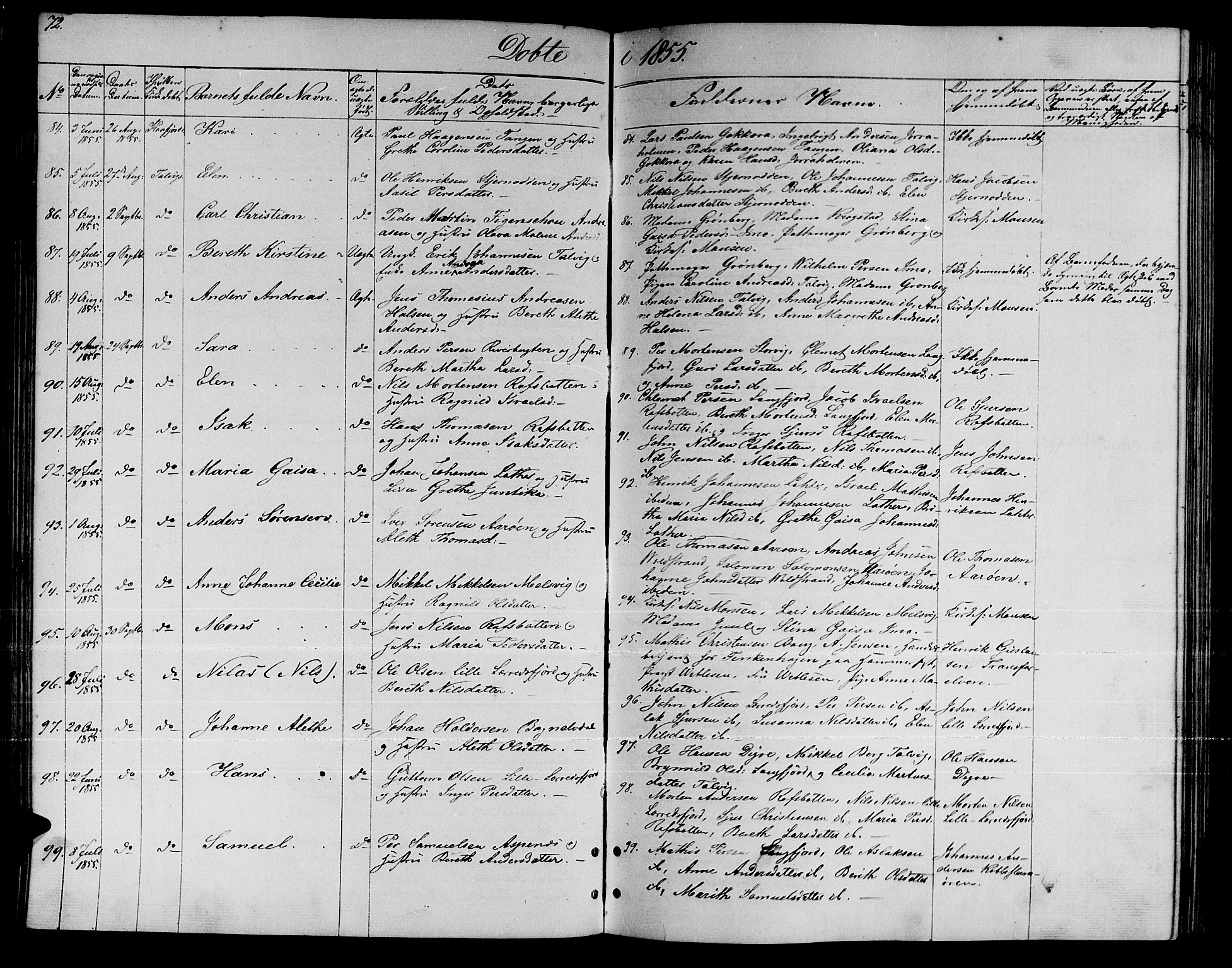Talvik sokneprestkontor, AV/SATØ-S-1337/H/Hb/L0001klokker: Parish register (copy) no. 1, 1847-1863, p. 72