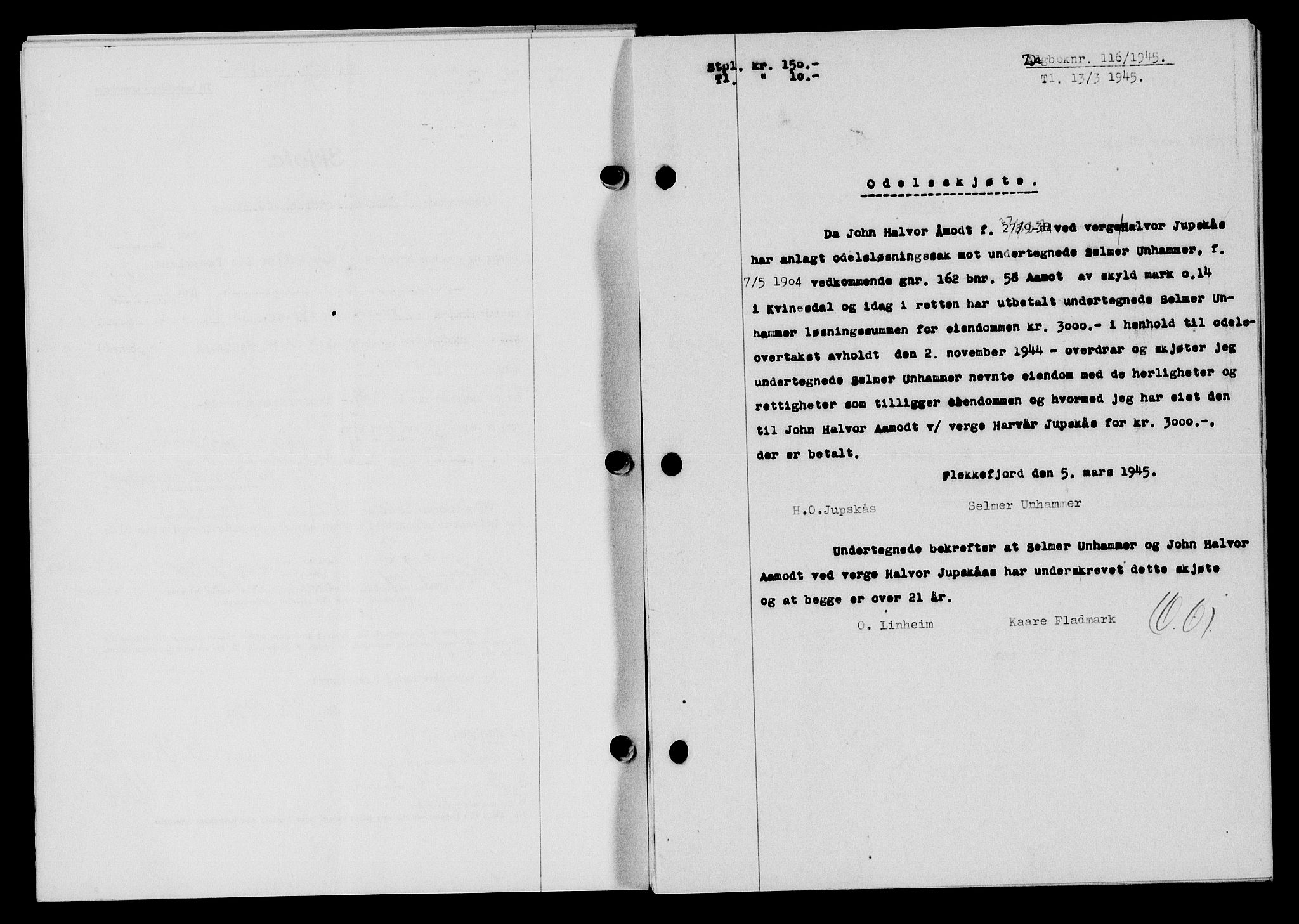 Flekkefjord sorenskriveri, SAK/1221-0001/G/Gb/Gba/L0059: Mortgage book no. A-7, 1944-1945, Diary no: : 116/1945