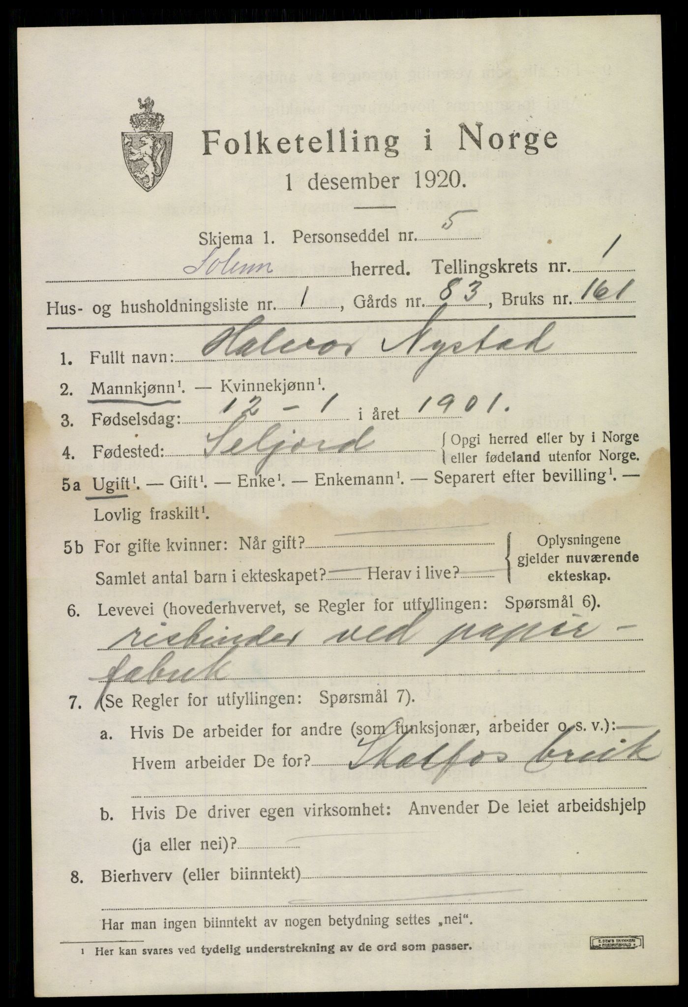 SAKO, 1920 census for Solum, 1920, p. 2254