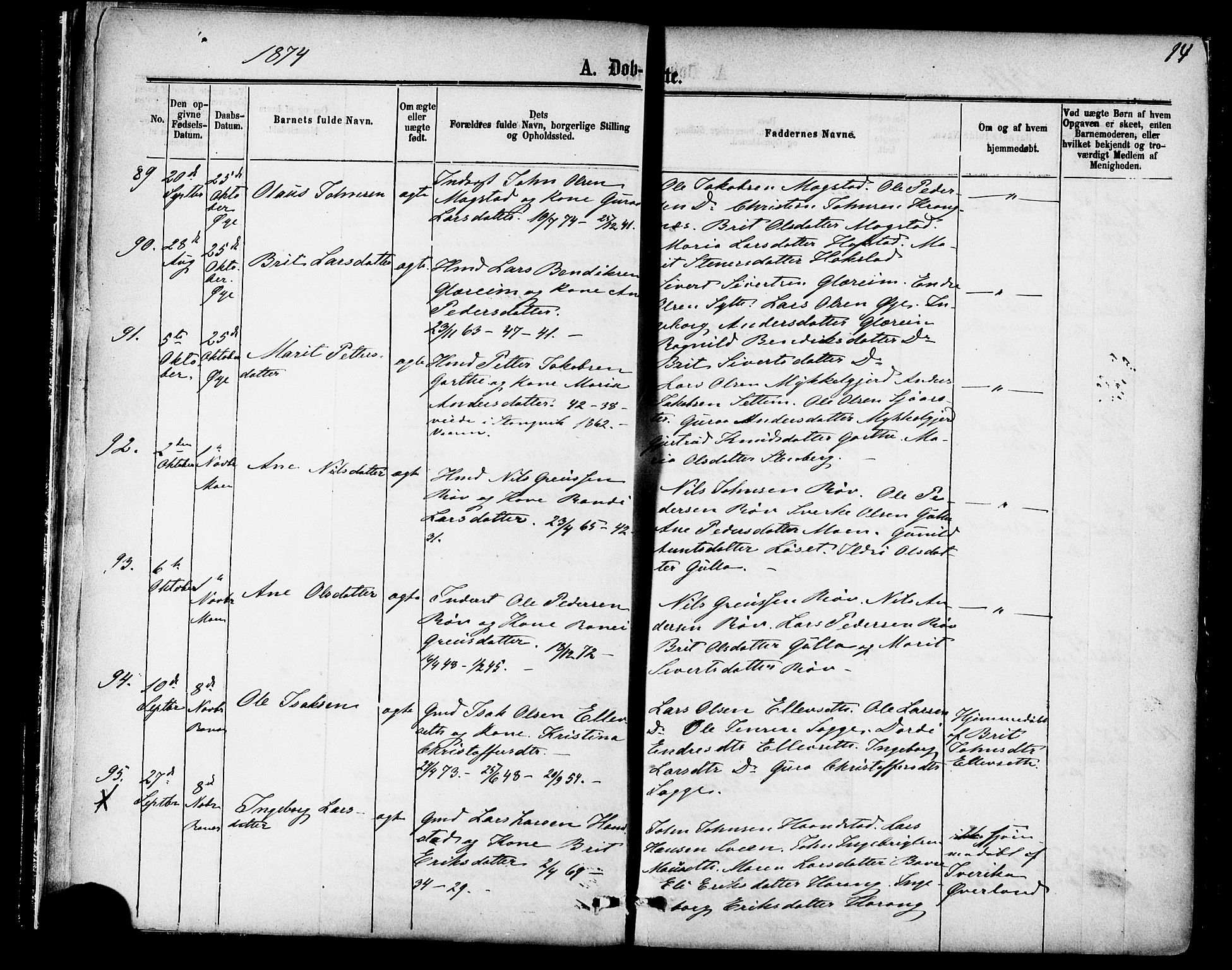 Ministerialprotokoller, klokkerbøker og fødselsregistre - Møre og Romsdal, AV/SAT-A-1454/595/L1046: Parish register (official) no. 595A08, 1874-1884, p. 14