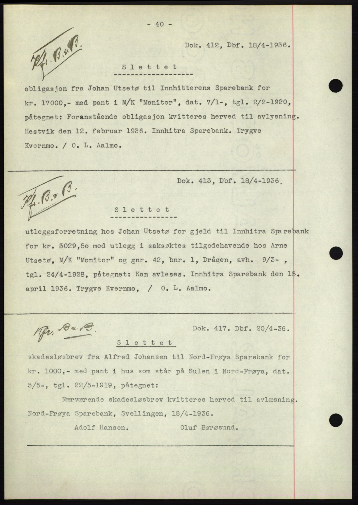 Hitra sorenskriveri, AV/SAT-A-0018/2/2C/2Ca: Mortgage book no. C1, 1936-1945, Diary no: : 412/1936