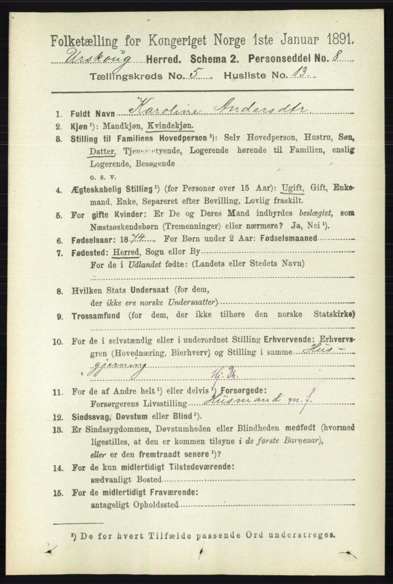 RA, 1891 census for 0224 Aurskog, 1891, p. 2133
