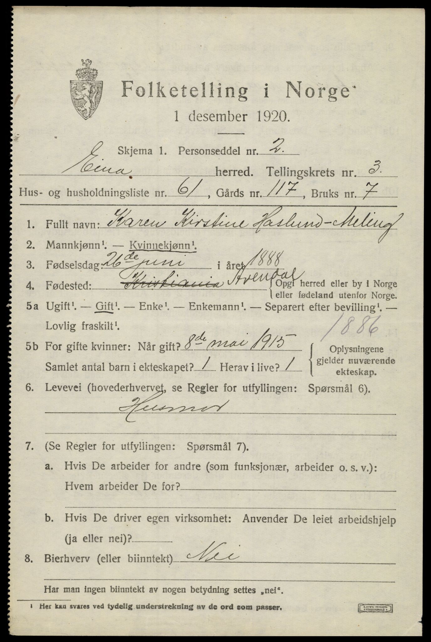 SAH, 1920 census for Eina, 1920, p. 2918