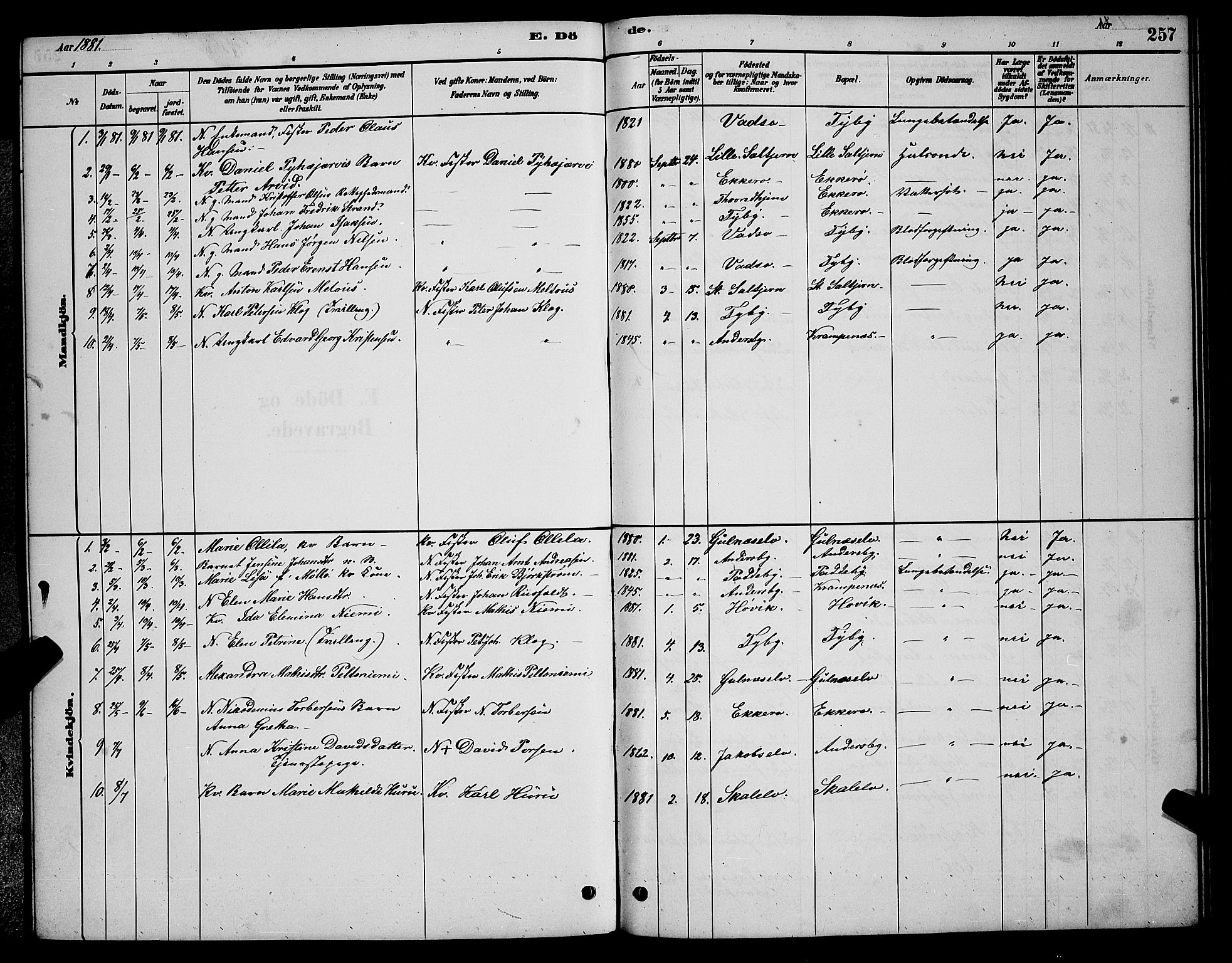 Vadsø sokneprestkontor, SATØ/S-1325/H/Hb/L0003klokker: Parish register (copy) no. 3, 1881-1901, p. 257