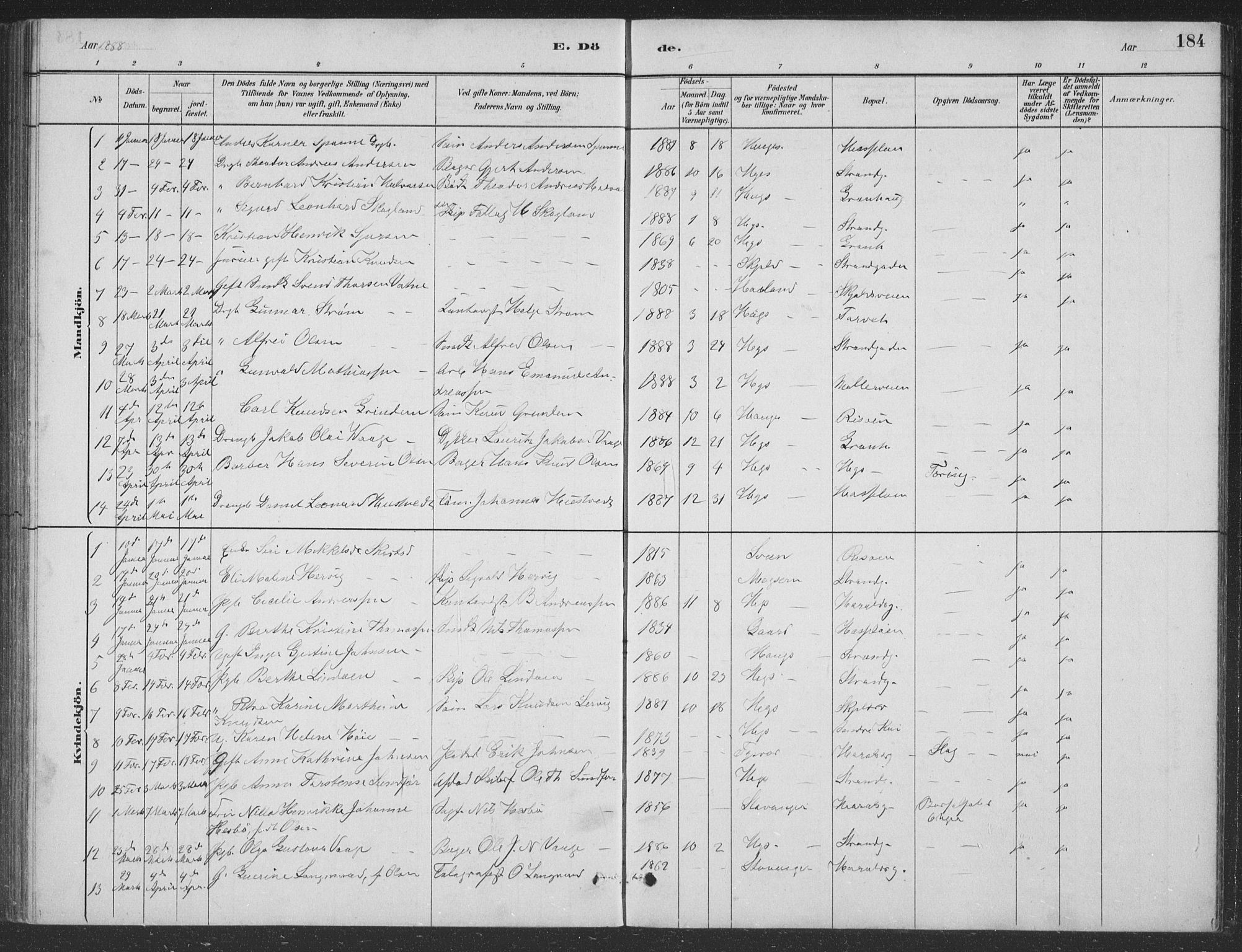 Haugesund sokneprestkontor, AV/SAST-A -101863/H/Ha/Hab/L0002: Parish register (copy) no. B 2, 1881-1894, p. 184