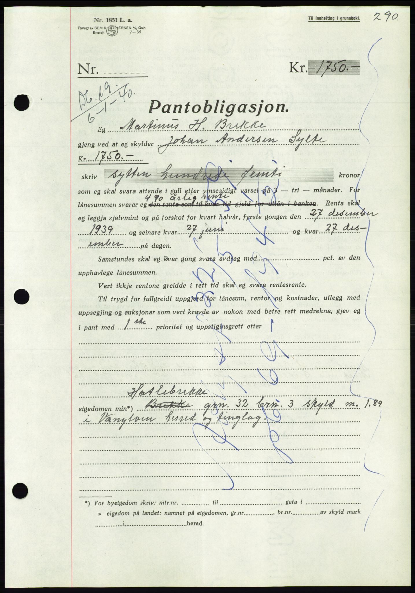 Søre Sunnmøre sorenskriveri, AV/SAT-A-4122/1/2/2C/L0069: Mortgage book no. 63, 1939-1940, Diary no: : 19/1940