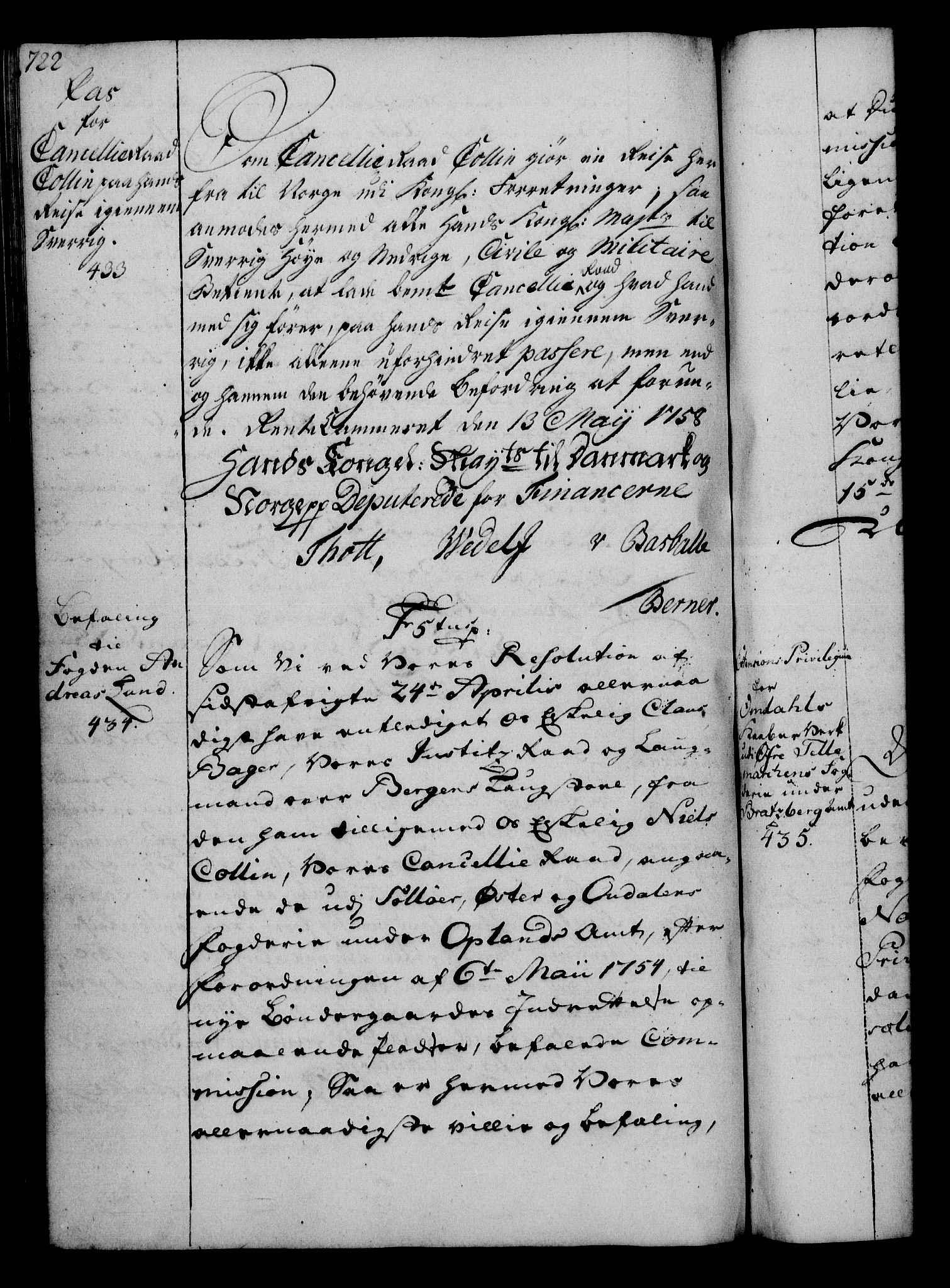 Rentekammeret, Kammerkanselliet, RA/EA-3111/G/Gg/Gga/L0006: Norsk ekspedisjonsprotokoll med register (merket RK 53.6), 1749-1759, p. 722