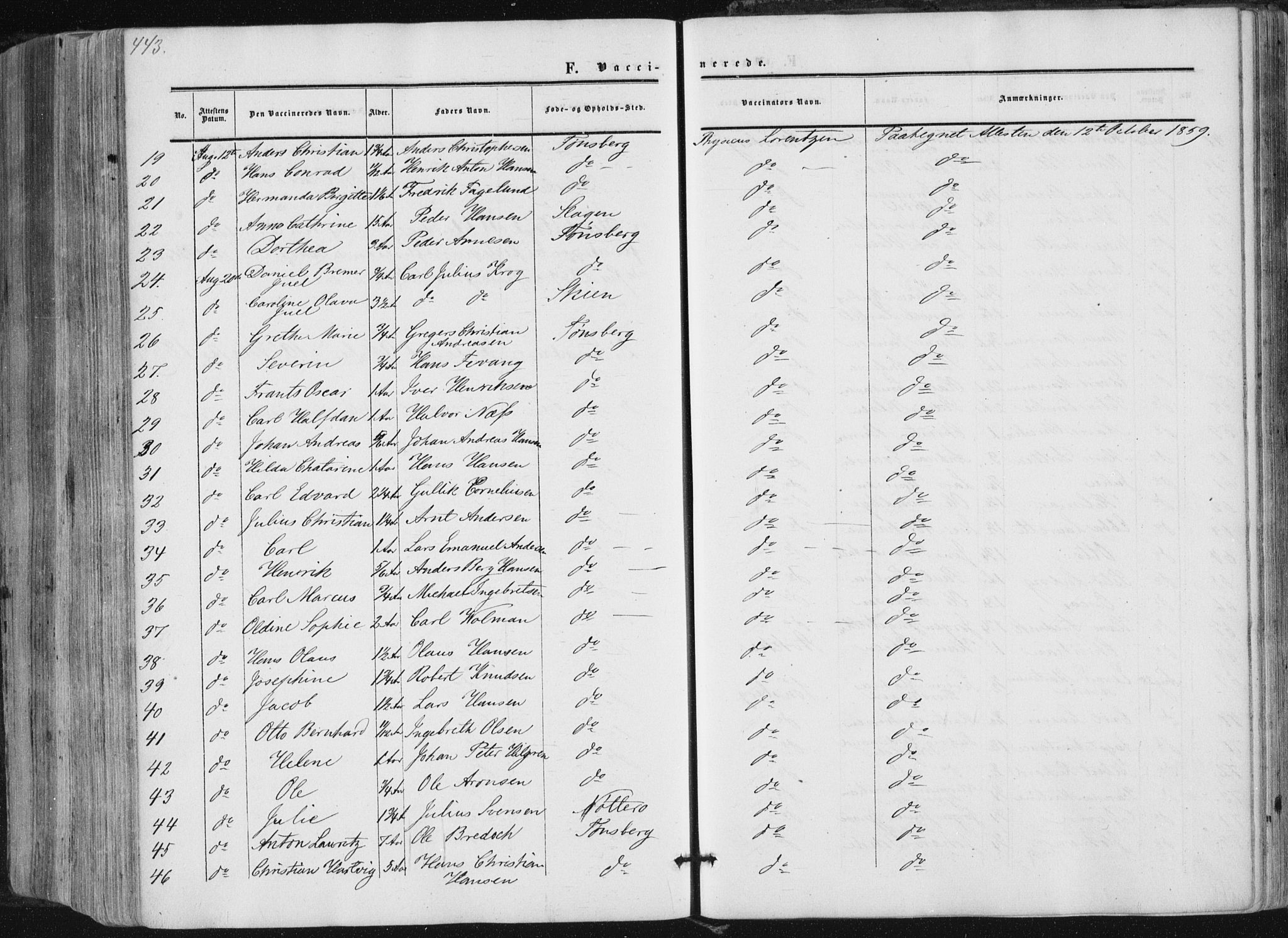 Tønsberg kirkebøker, AV/SAKO-A-330/F/Fa/L0008: Parish register (official) no. I 8, 1855-1864, p. 443