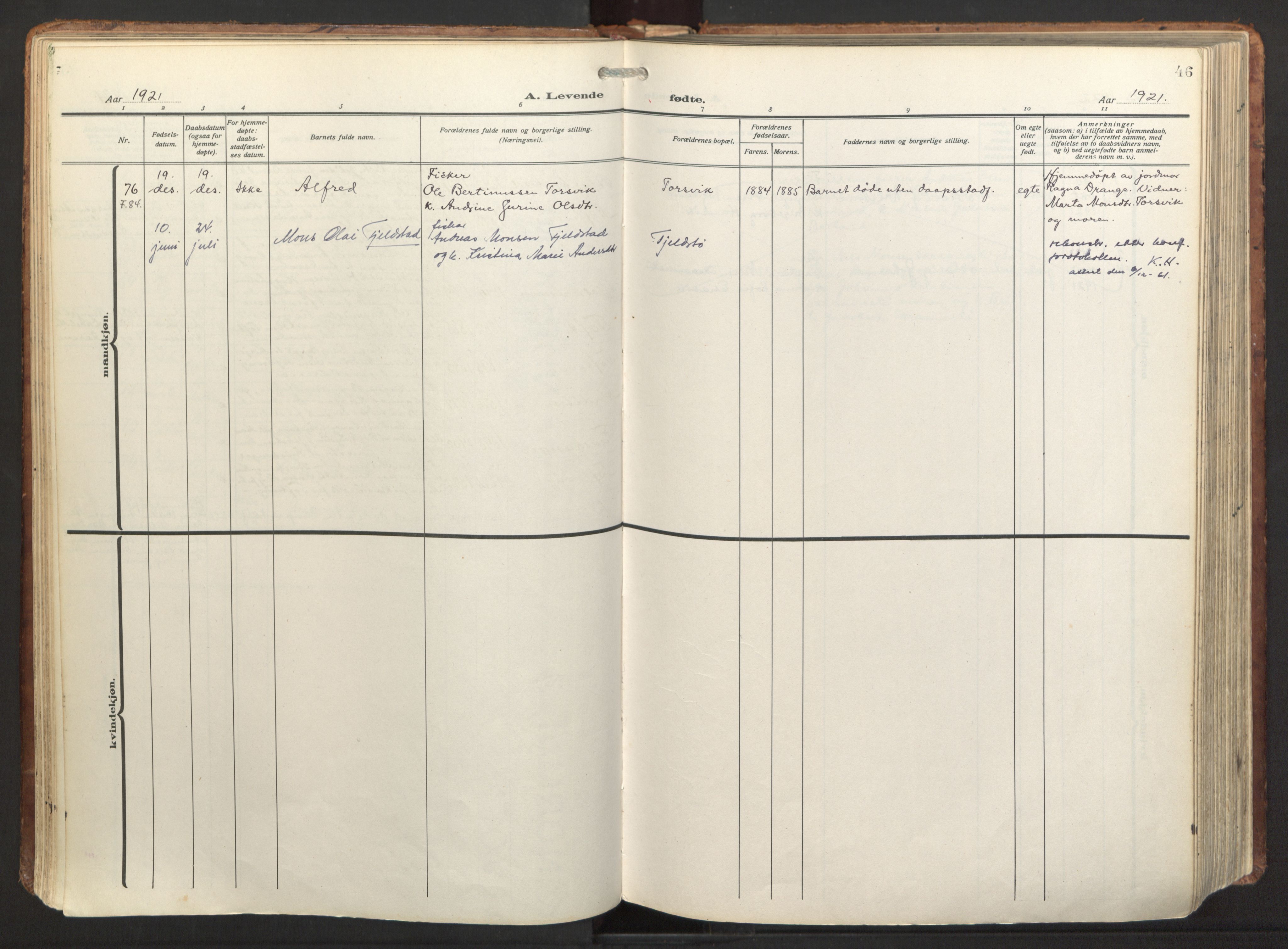 Herdla Sokneprestembete, AV/SAB-A-75701/H/Haa: Parish register (official) no. A 6, 1918-1933, p. 46