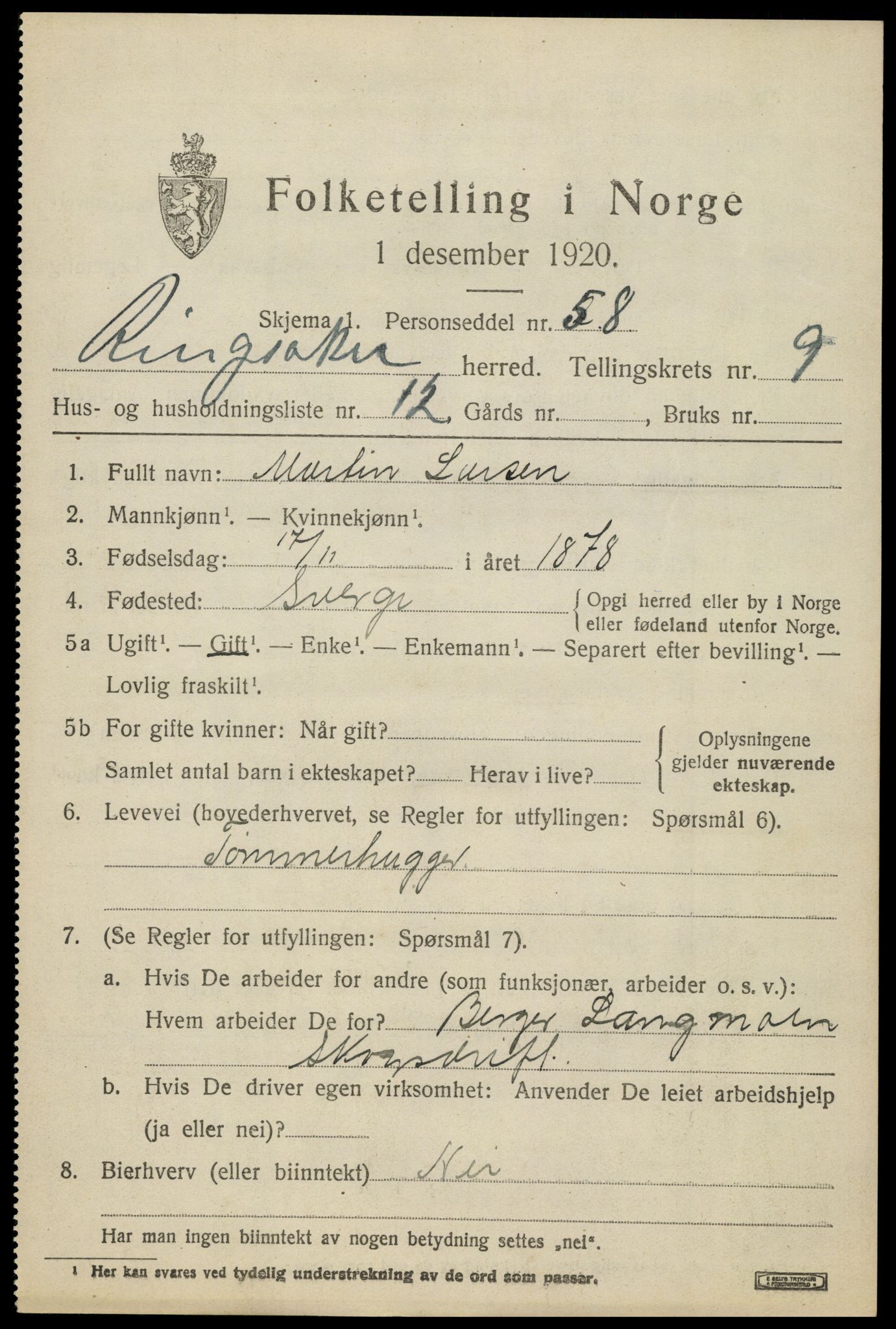 SAH, 1920 census for Ringsaker, 1920, p. 18184