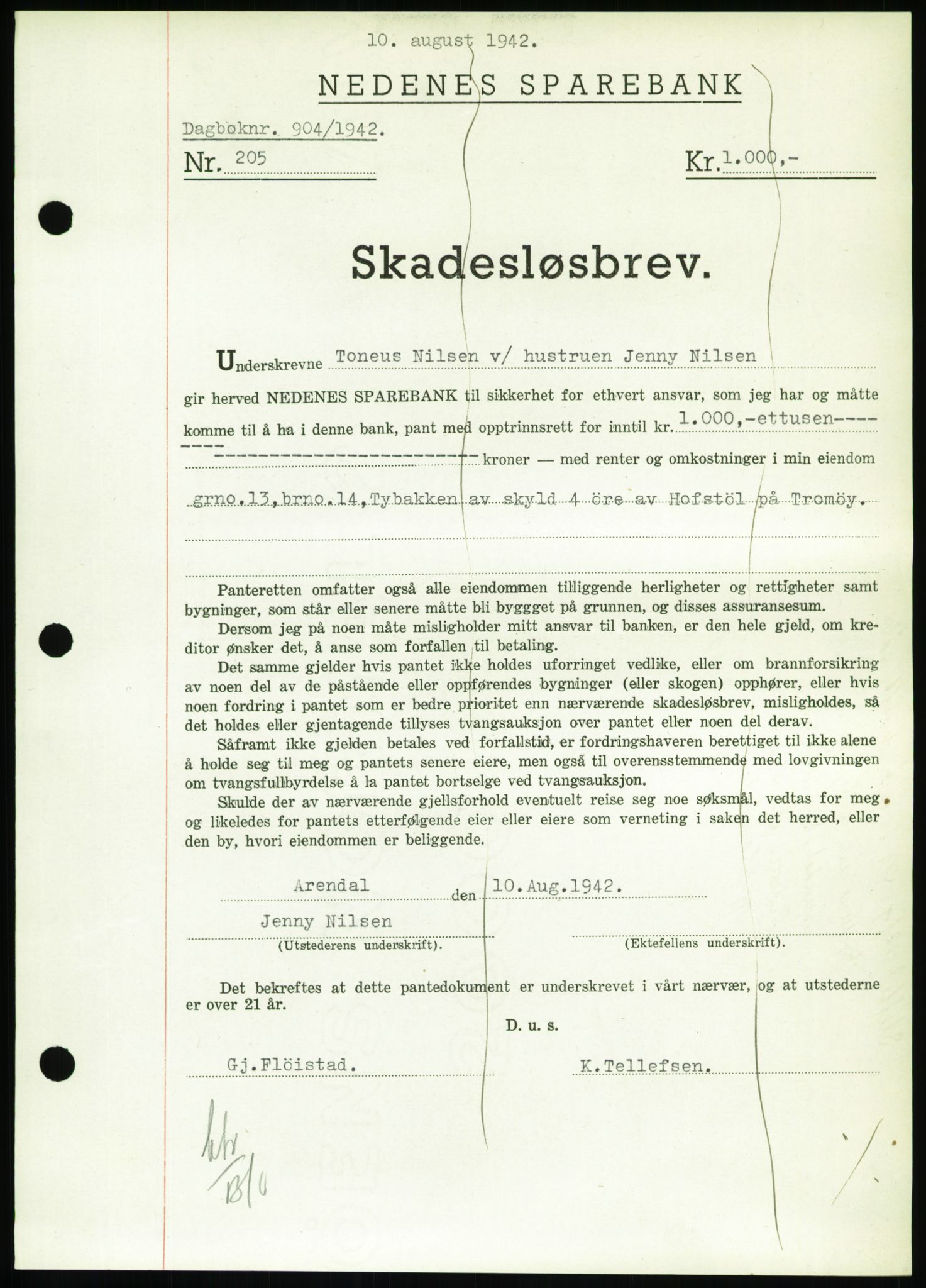 Nedenes sorenskriveri, AV/SAK-1221-0006/G/Gb/Gbb/L0002: Mortgage book no. II, 1942-1945, Diary no: : 904/1942