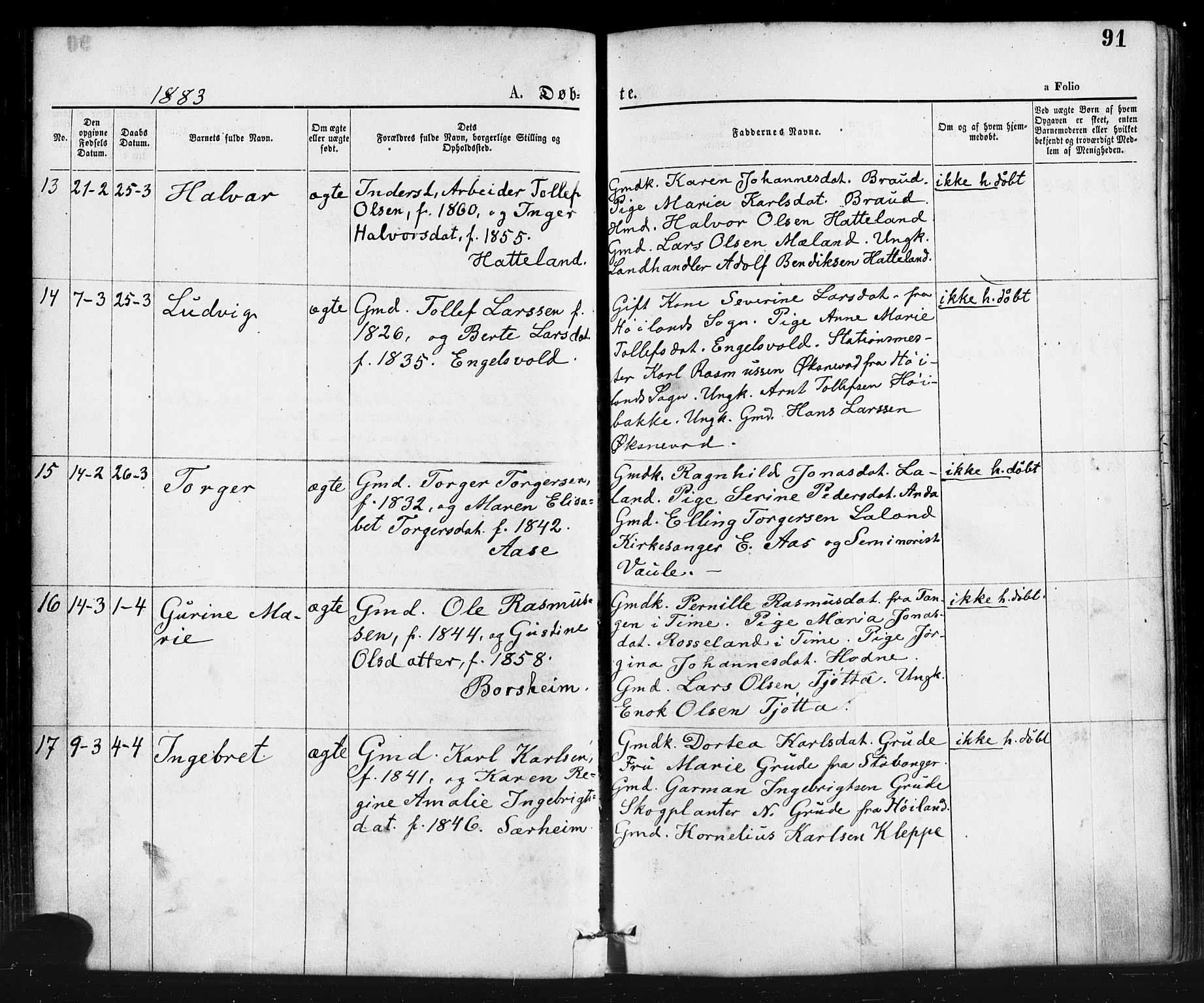 Klepp sokneprestkontor, AV/SAST-A-101803/001/3/30BA/L0006: Parish register (official) no. A 6, 1871-1885, p. 91