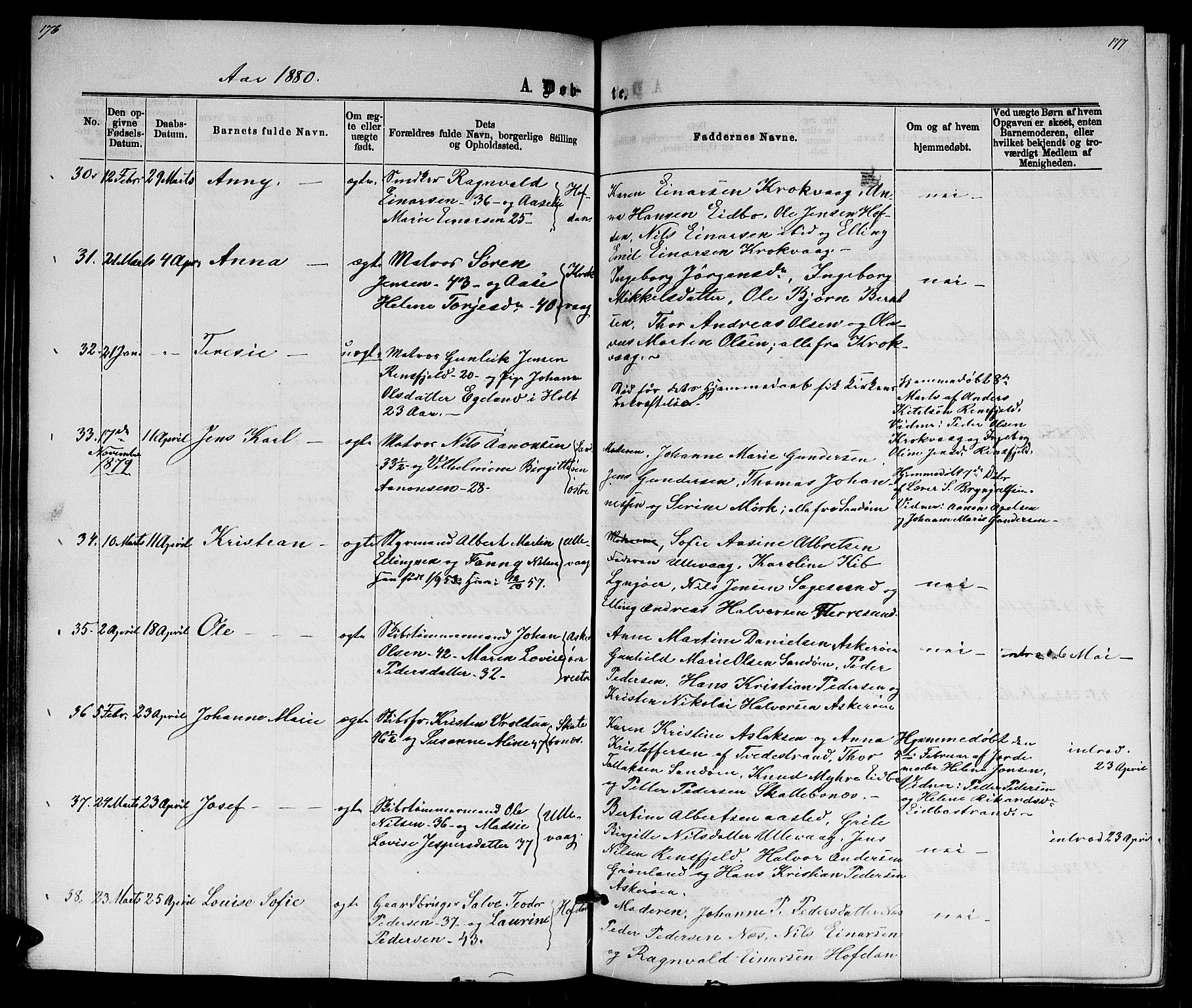 Dypvåg sokneprestkontor, AV/SAK-1111-0007/F/Fb/Fba/L0012: Parish register (copy) no. B 12, 1872-1886, p. 176-177