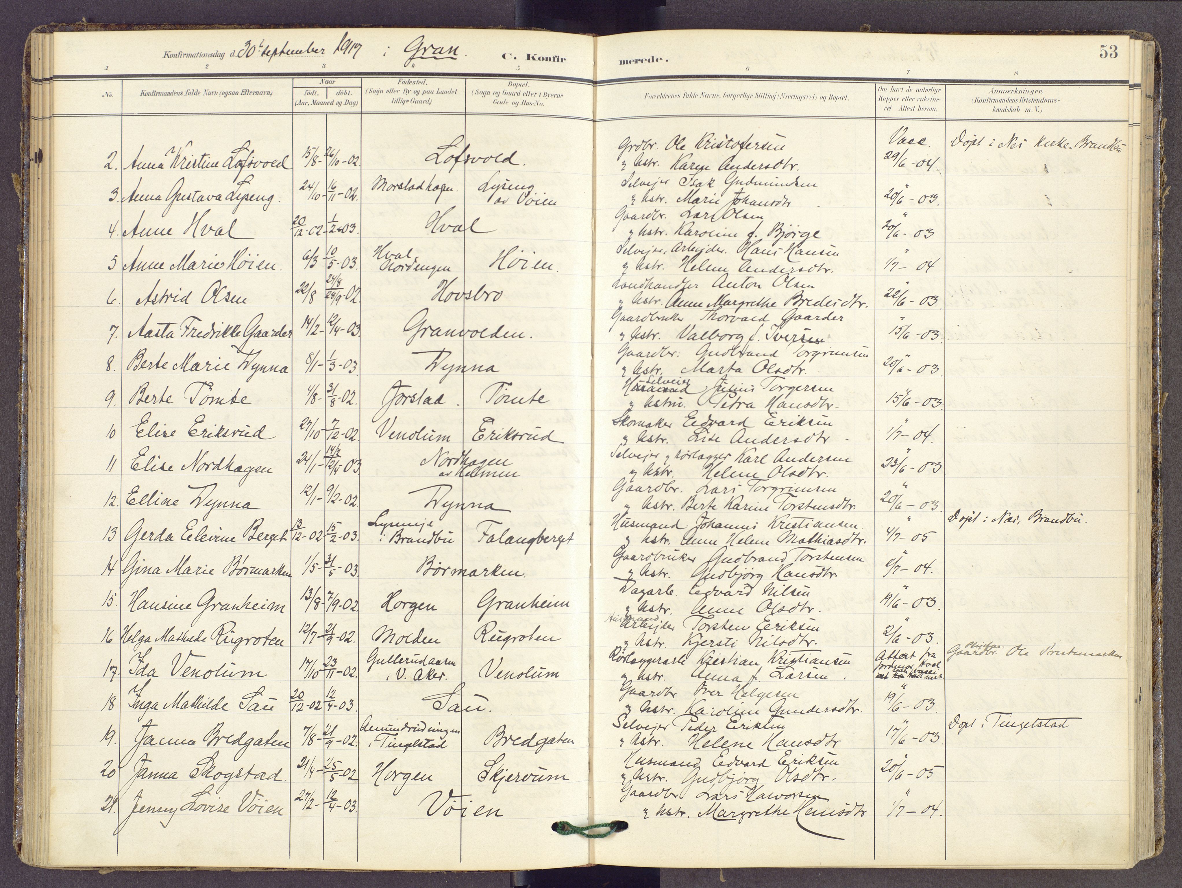 Gran prestekontor, AV/SAH-PREST-112/H/Ha/Haa/L0022: Parish register (official) no. 22, 1908-1918, p. 53