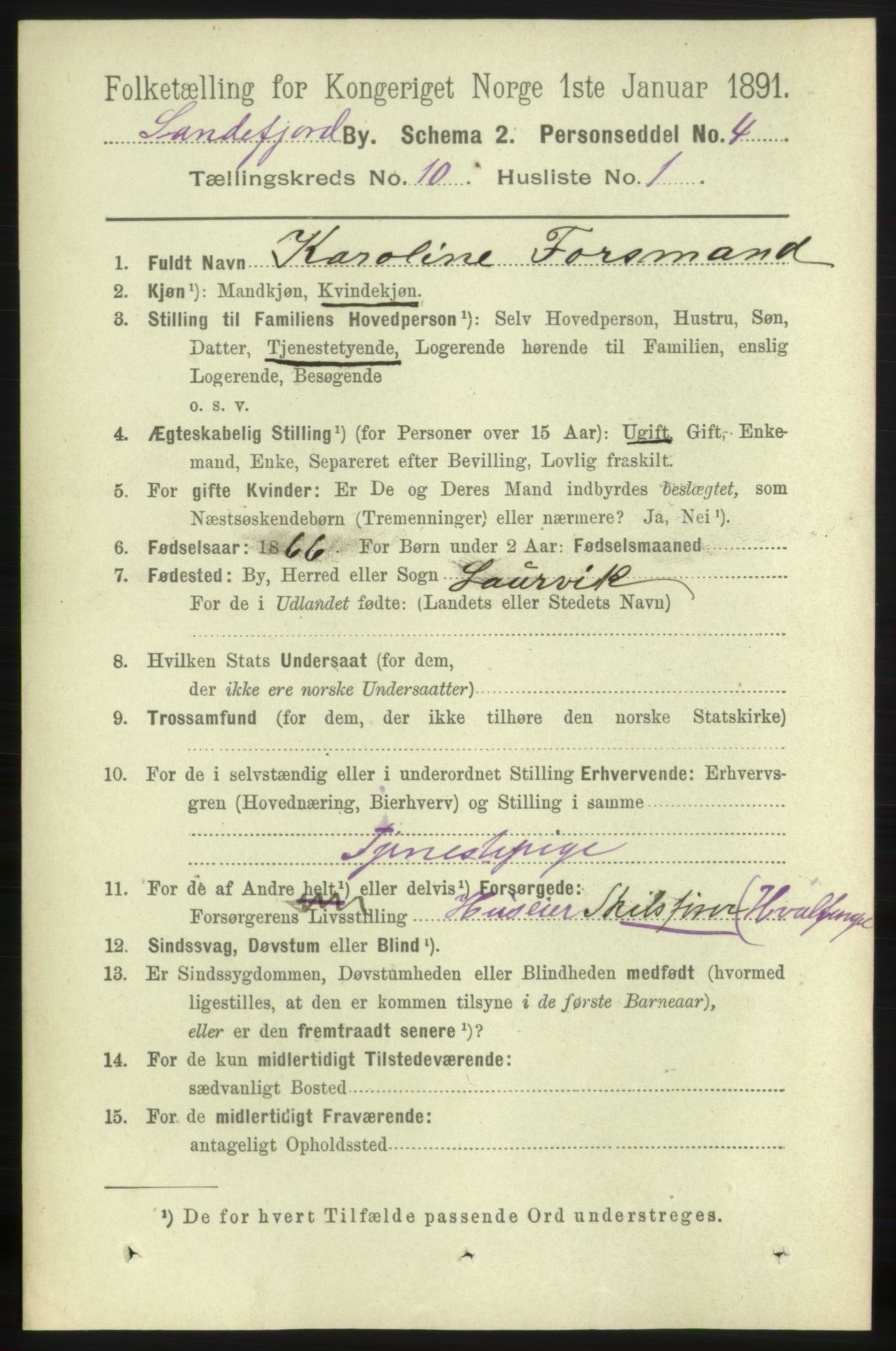 RA, 1891 census for 0706 Sandefjord, 1891, p. 3751