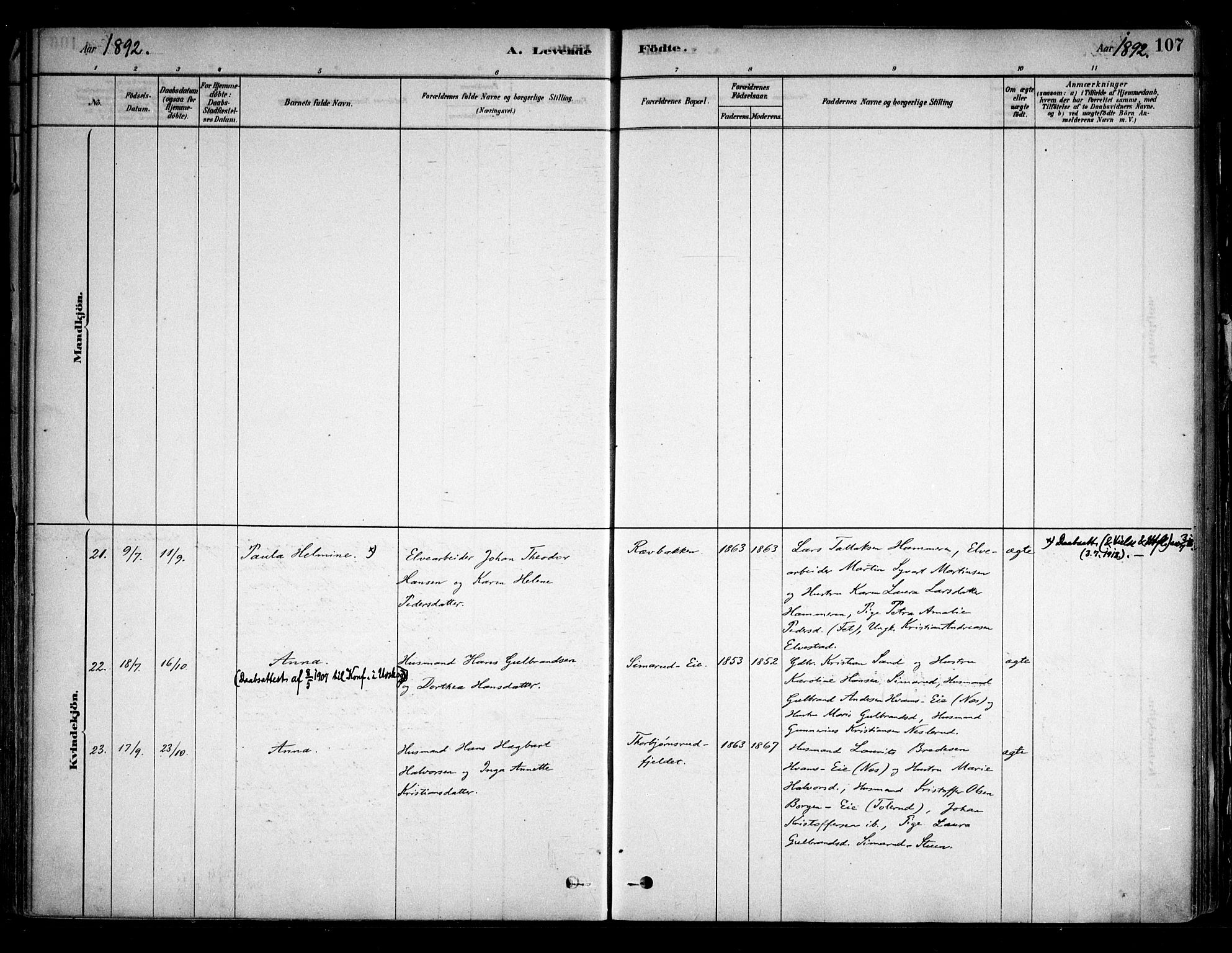 Sørum prestekontor Kirkebøker, AV/SAO-A-10303/F/Fa/L0007: Parish register (official) no. I 7, 1878-1914, p. 107