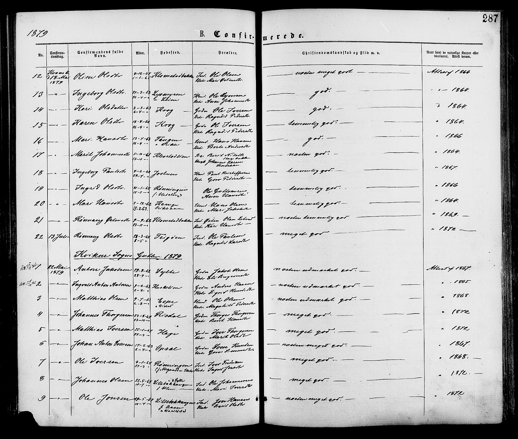 Nord-Fron prestekontor, AV/SAH-PREST-080/H/Ha/Haa/L0002: Parish register (official) no. 2, 1865-1883, p. 287