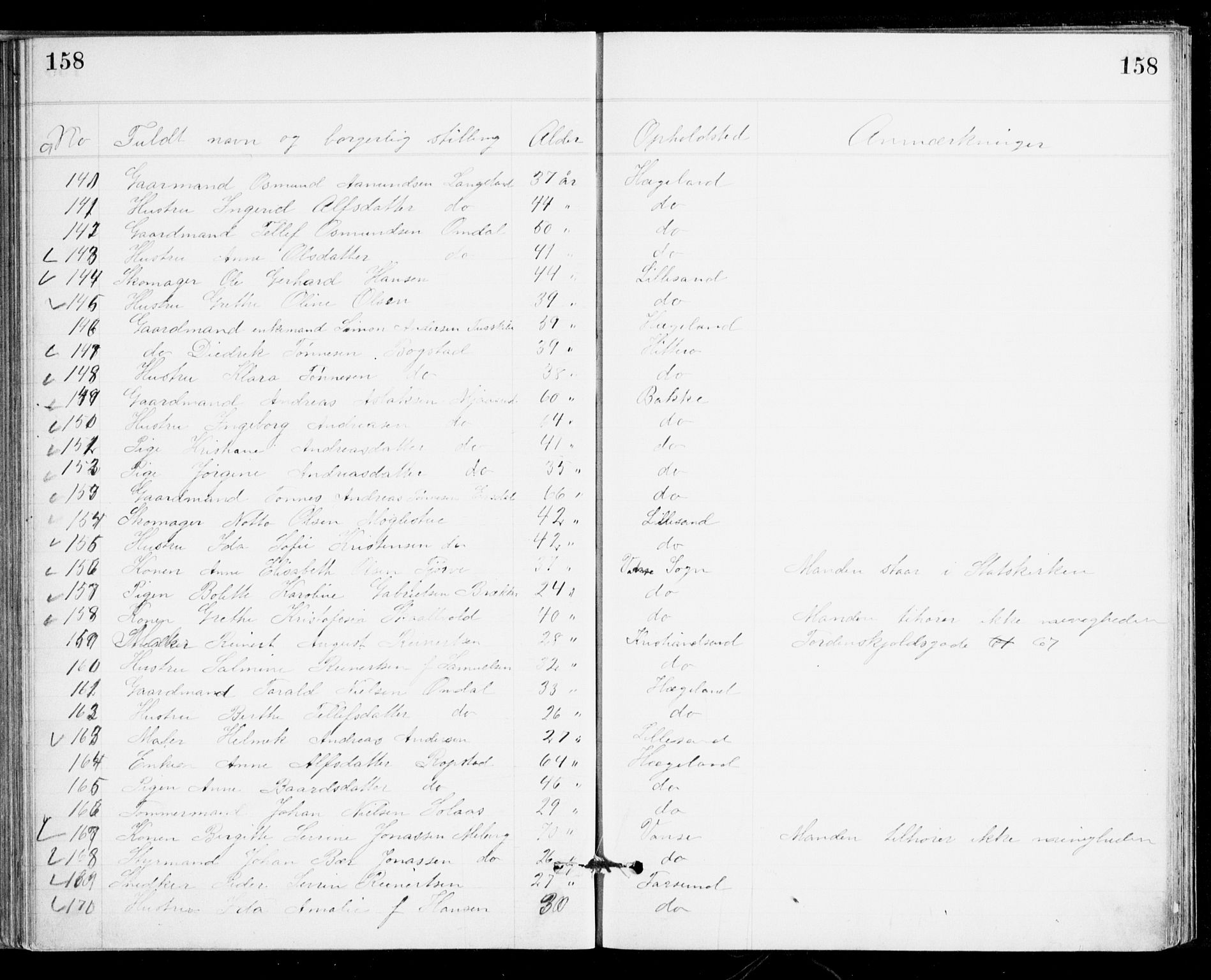 Den evangelisk-lutherske frikirke, Kristiansand, AV/SAK-1292-0017/F/Fa/L0002: Dissenter register no. F 10, 1889-1892, p. 158