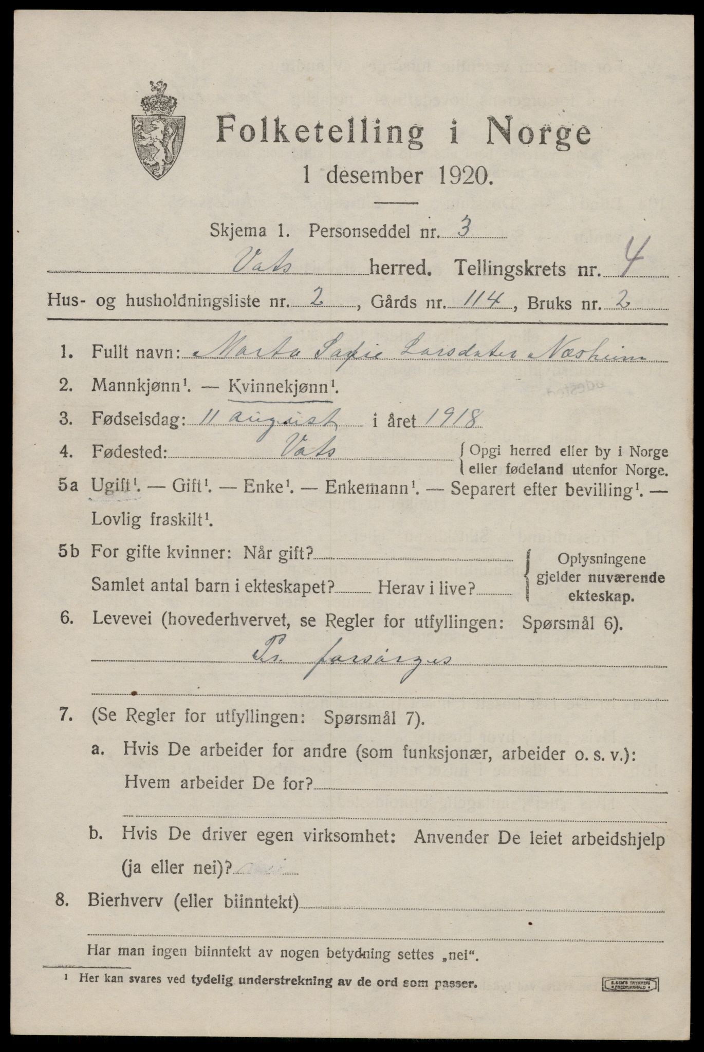 SAST, 1920 census for Vats, 1920, p. 1457