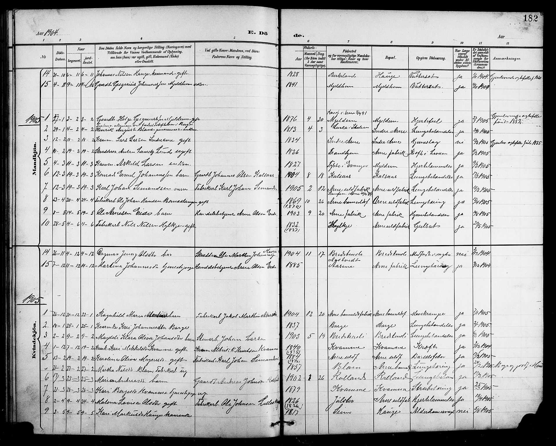 Arna Sokneprestembete, SAB/A-74001/H/Ha/Hab: Parish register (copy) no. A 4, 1898-1910, p. 182