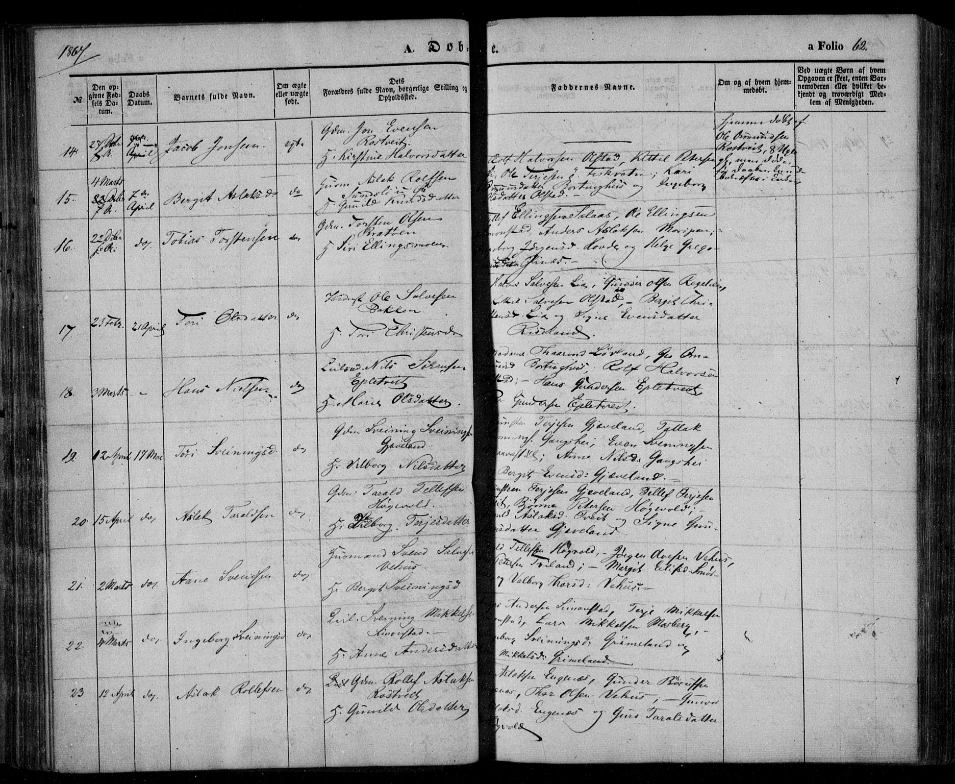 Åmli sokneprestkontor, AV/SAK-1111-0050/F/Fa/Fac/L0008: Parish register (official) no. A 8, 1852-1869, p. 62
