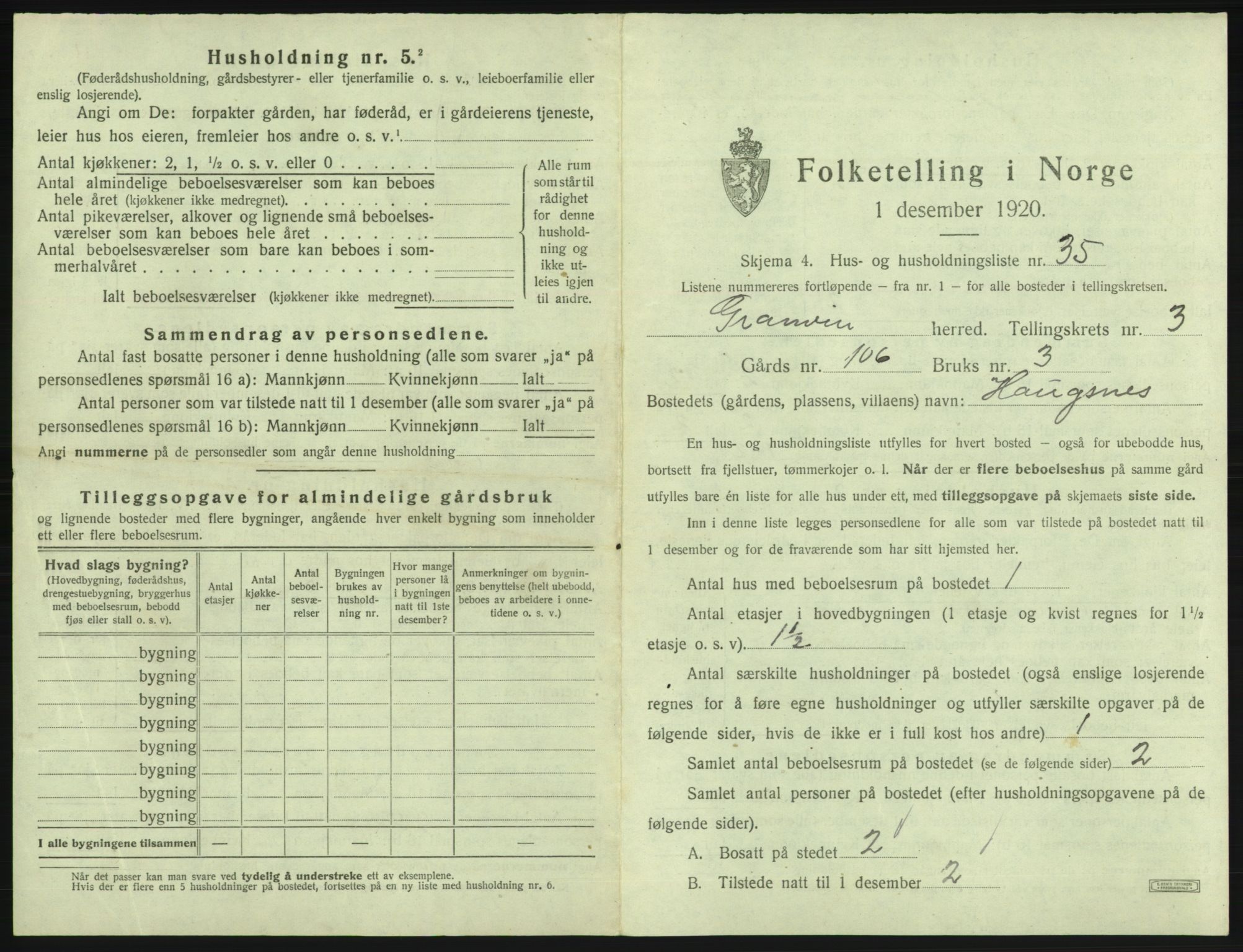 SAB, 1920 census for Granvin, 1920, p. 228