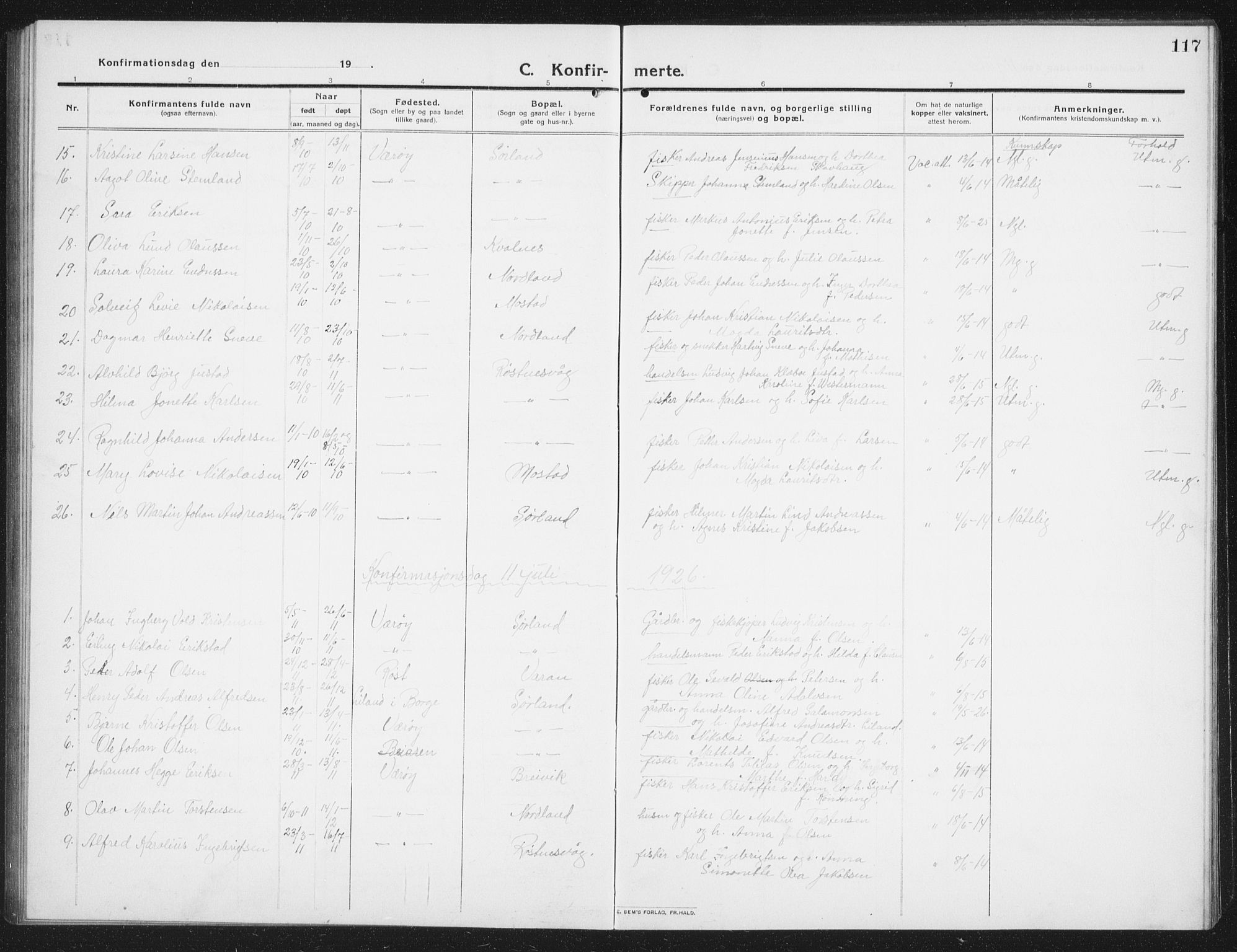 Ministerialprotokoller, klokkerbøker og fødselsregistre - Nordland, AV/SAT-A-1459/807/L0124: Parish register (copy) no. 807C02, 1910-1935, p. 117