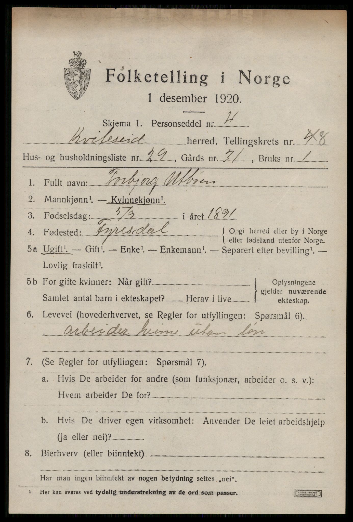 SAKO, 1920 census for Kviteseid, 1920, p. 4083