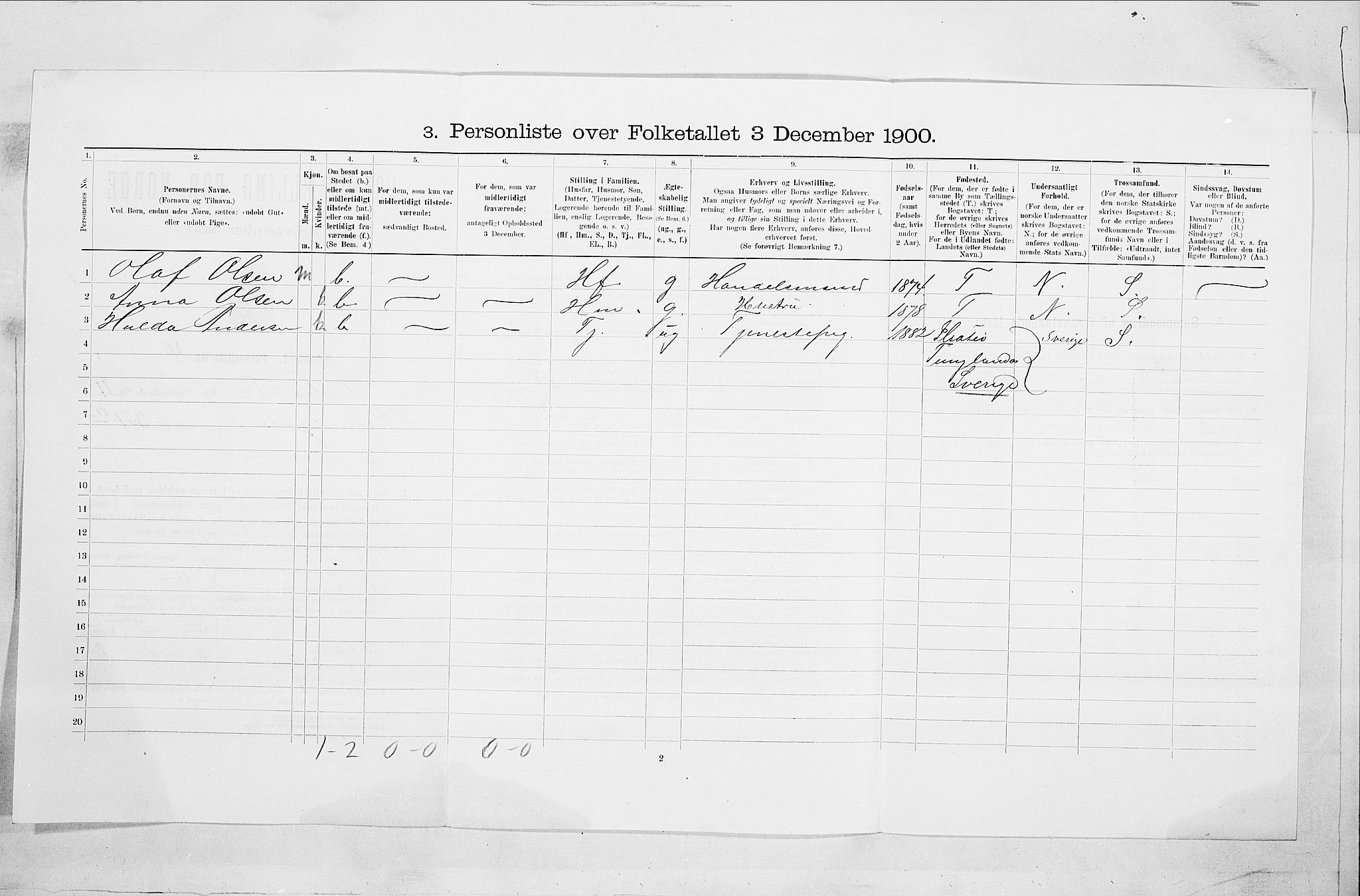 SAO, 1900 census for Fredrikshald, 1900