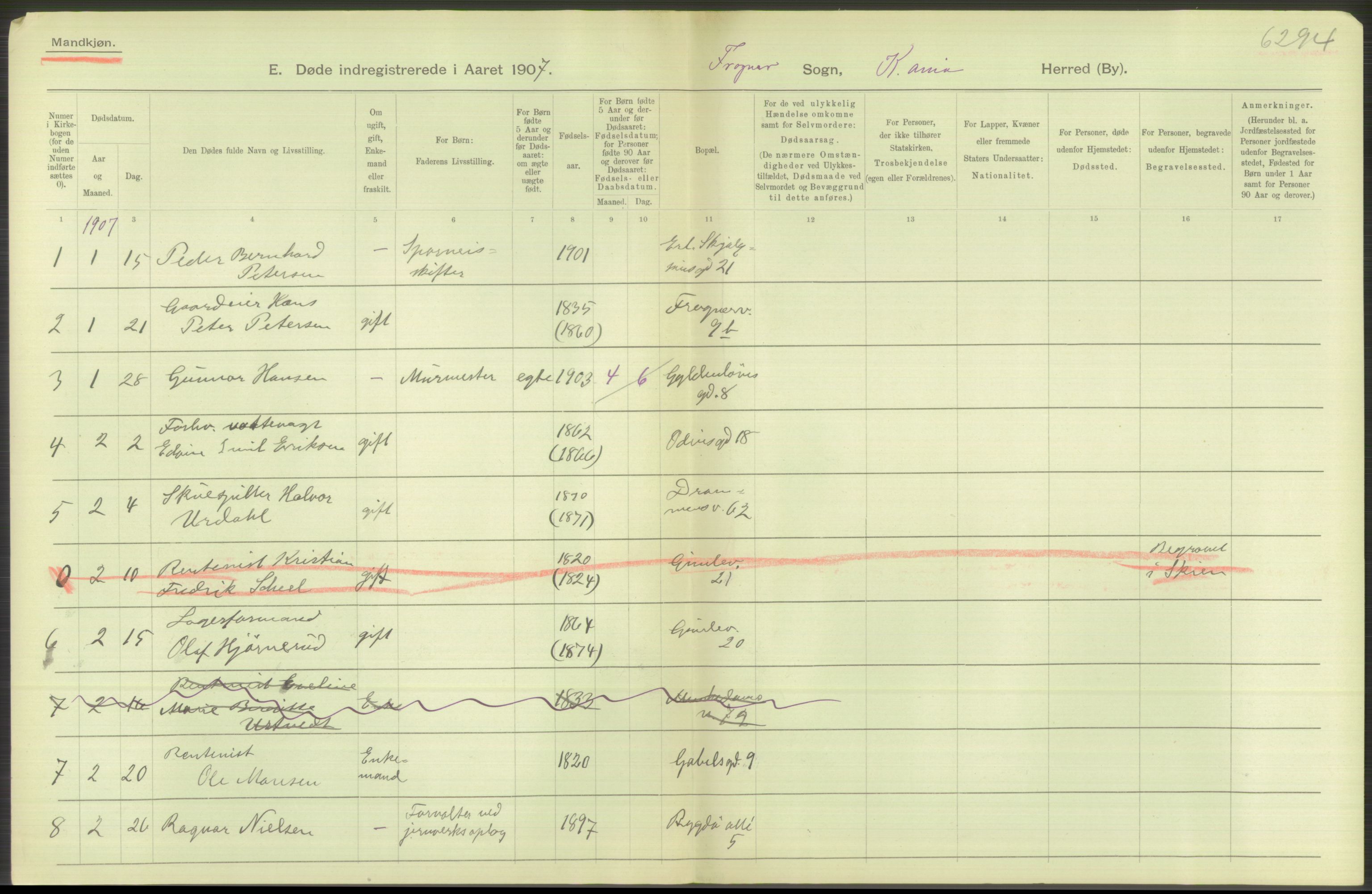 Statistisk sentralbyrå, Sosiodemografiske emner, Befolkning, RA/S-2228/D/Df/Dfa/Dfae/L0010: Kristiania: Døde, dødfødte, 1907, p. 534