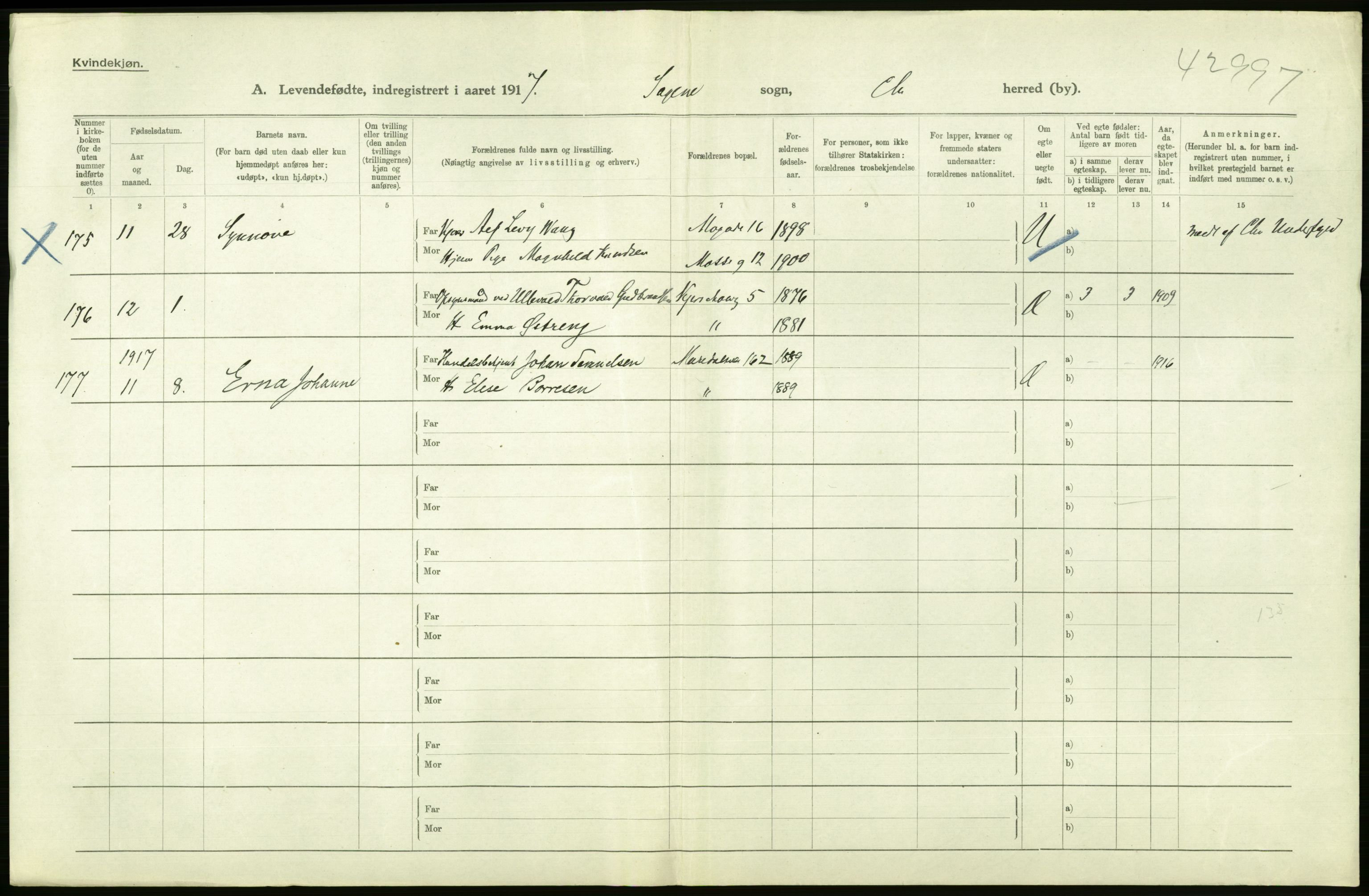 Statistisk sentralbyrå, Sosiodemografiske emner, Befolkning, RA/S-2228/D/Df/Dfb/Dfbg/L0007: Kristiania: Levendefødte menn og kvinner., 1917, p. 178