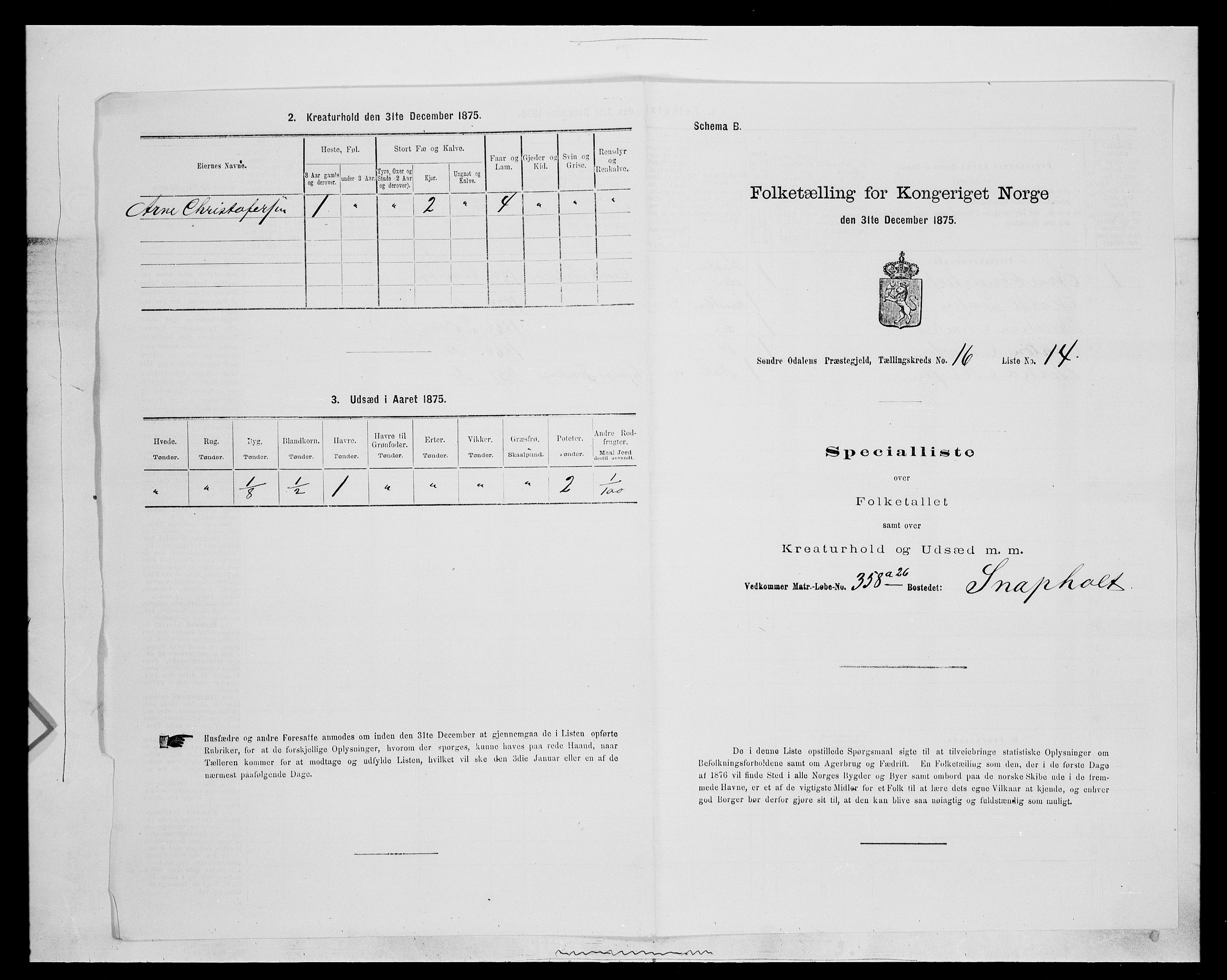 SAH, 1875 census for 0419P Sør-Odal, 1875, p. 1453