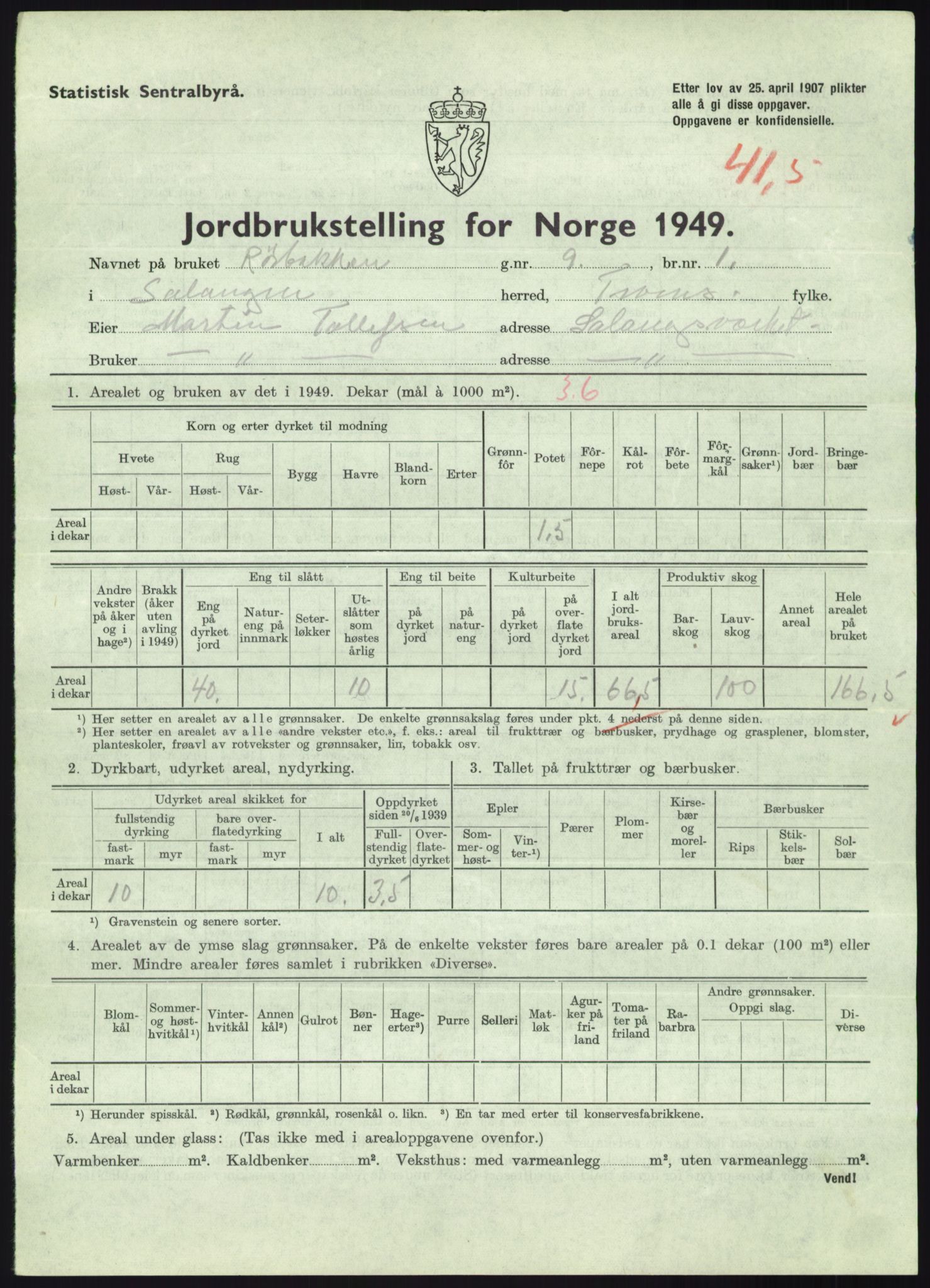 Statistisk sentralbyrå, Næringsøkonomiske emner, Jordbruk, skogbruk, jakt, fiske og fangst, AV/RA-S-2234/G/Gc/L0438: Troms: Salangen og Bardu, 1949, p. 848