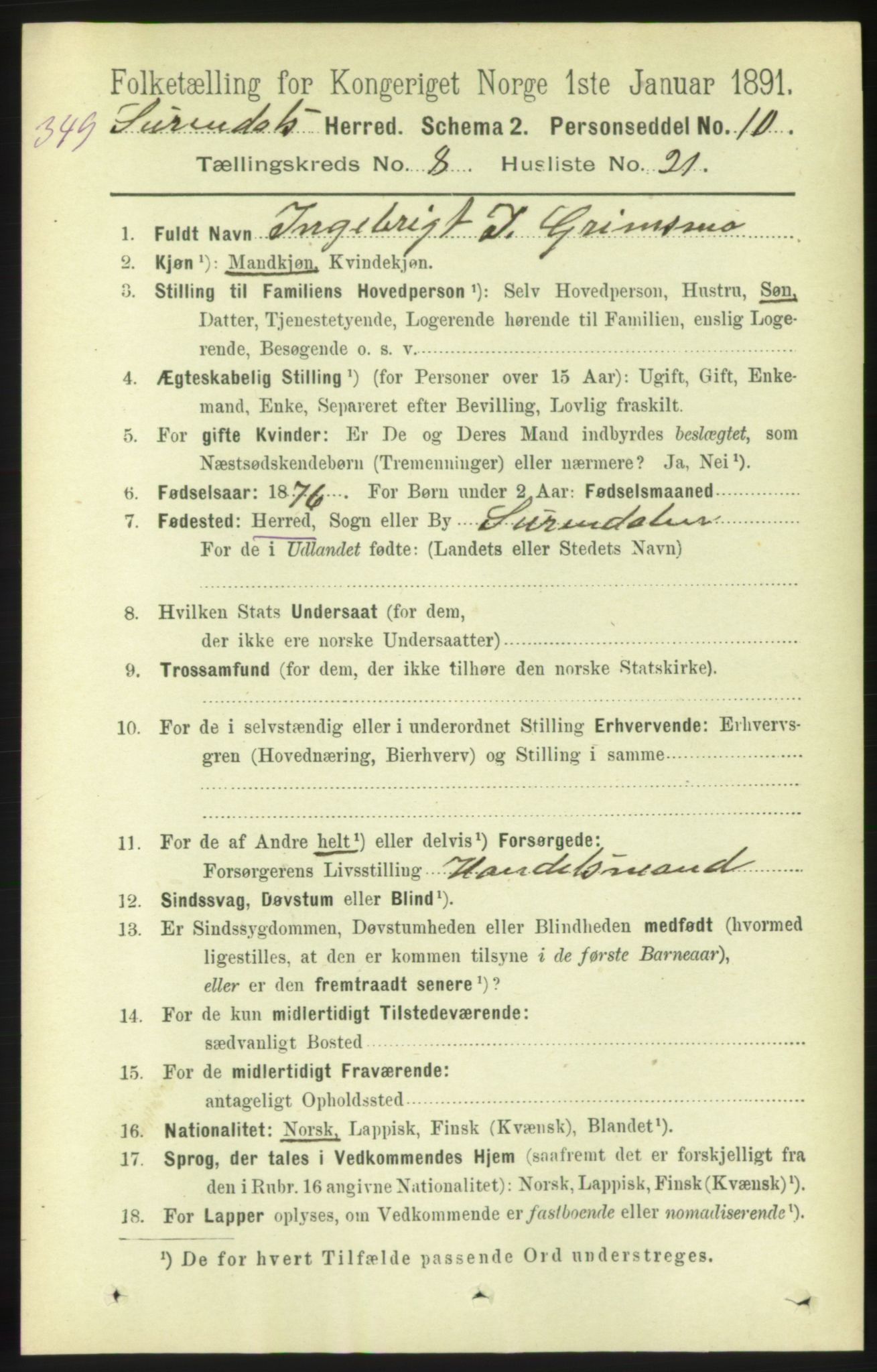 RA, 1891 census for 1566 Surnadal, 1891, p. 2202