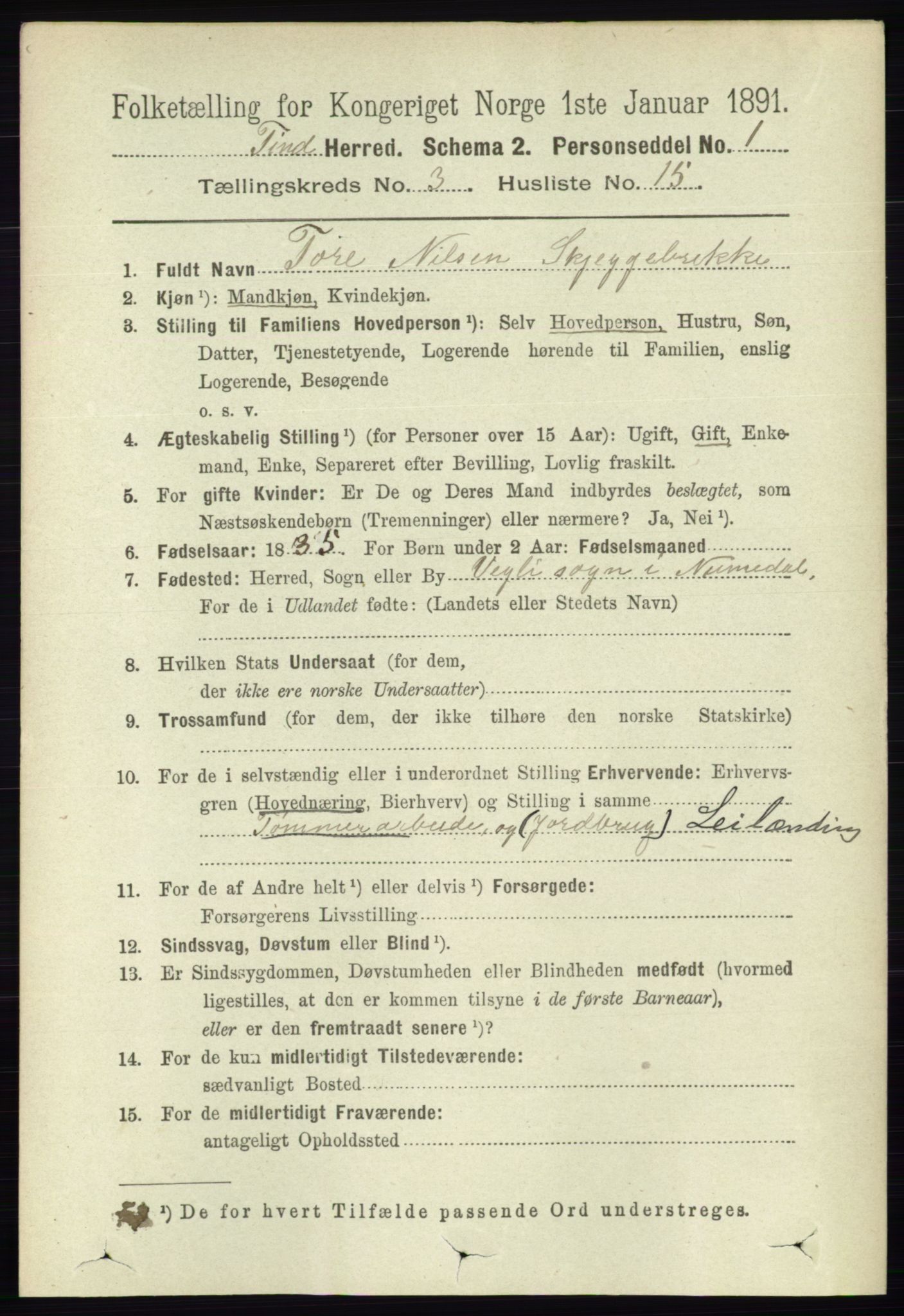 RA, 1891 census for 0826 Tinn, 1891, p. 583