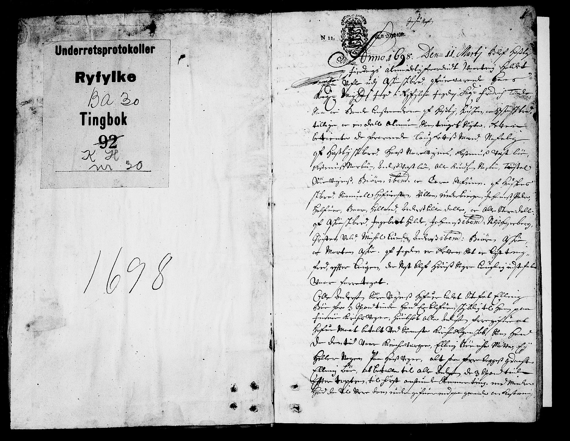 Ryfylke tingrett, AV/SAST-A-100055/001/I/IB/IBBa/L0030: Tingbok, Karmsund og Hesby, 1698, p. 0b-1a