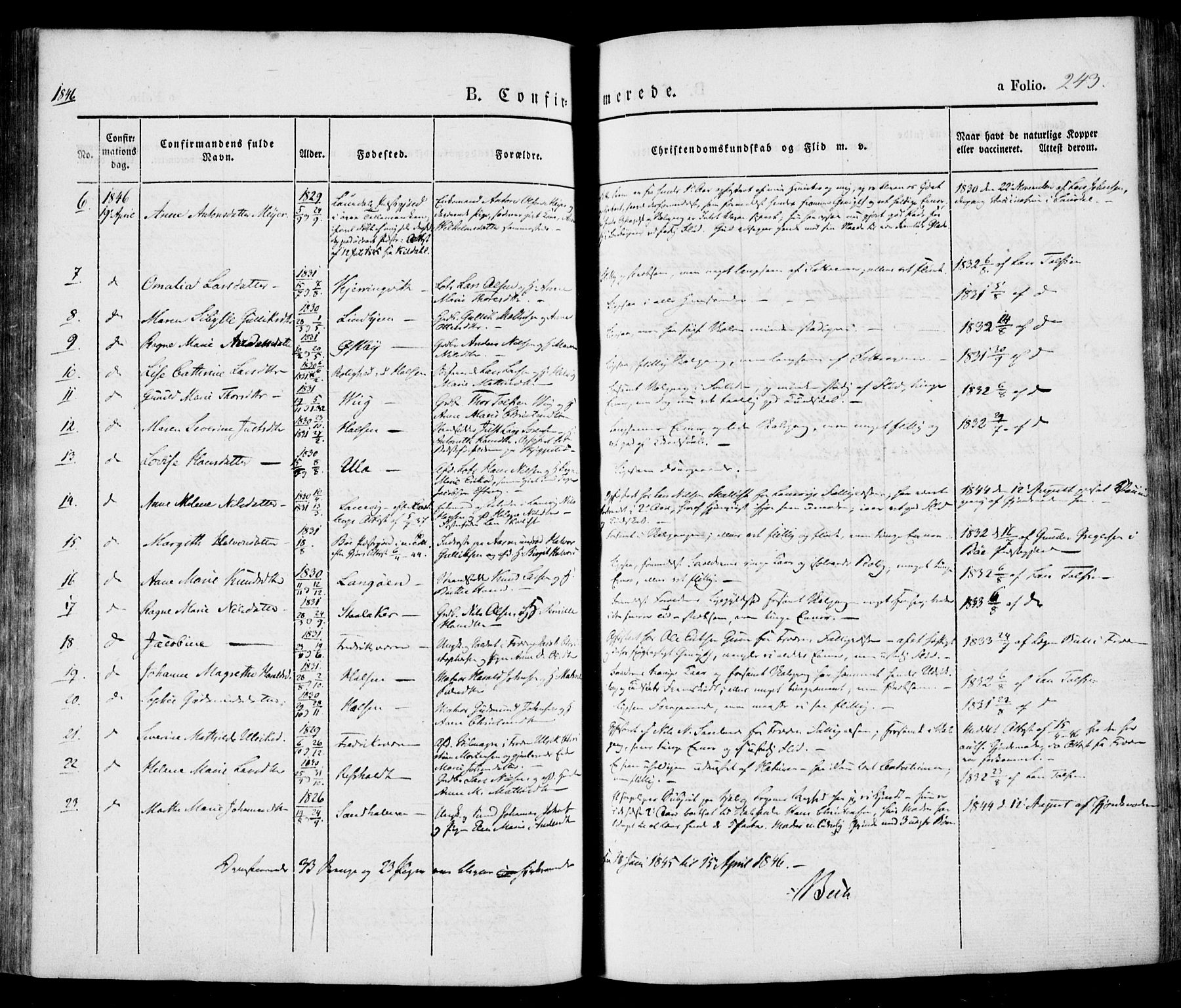 Tjølling kirkebøker, AV/SAKO-A-60/F/Fa/L0006: Parish register (official) no. 6, 1835-1859, p. 243