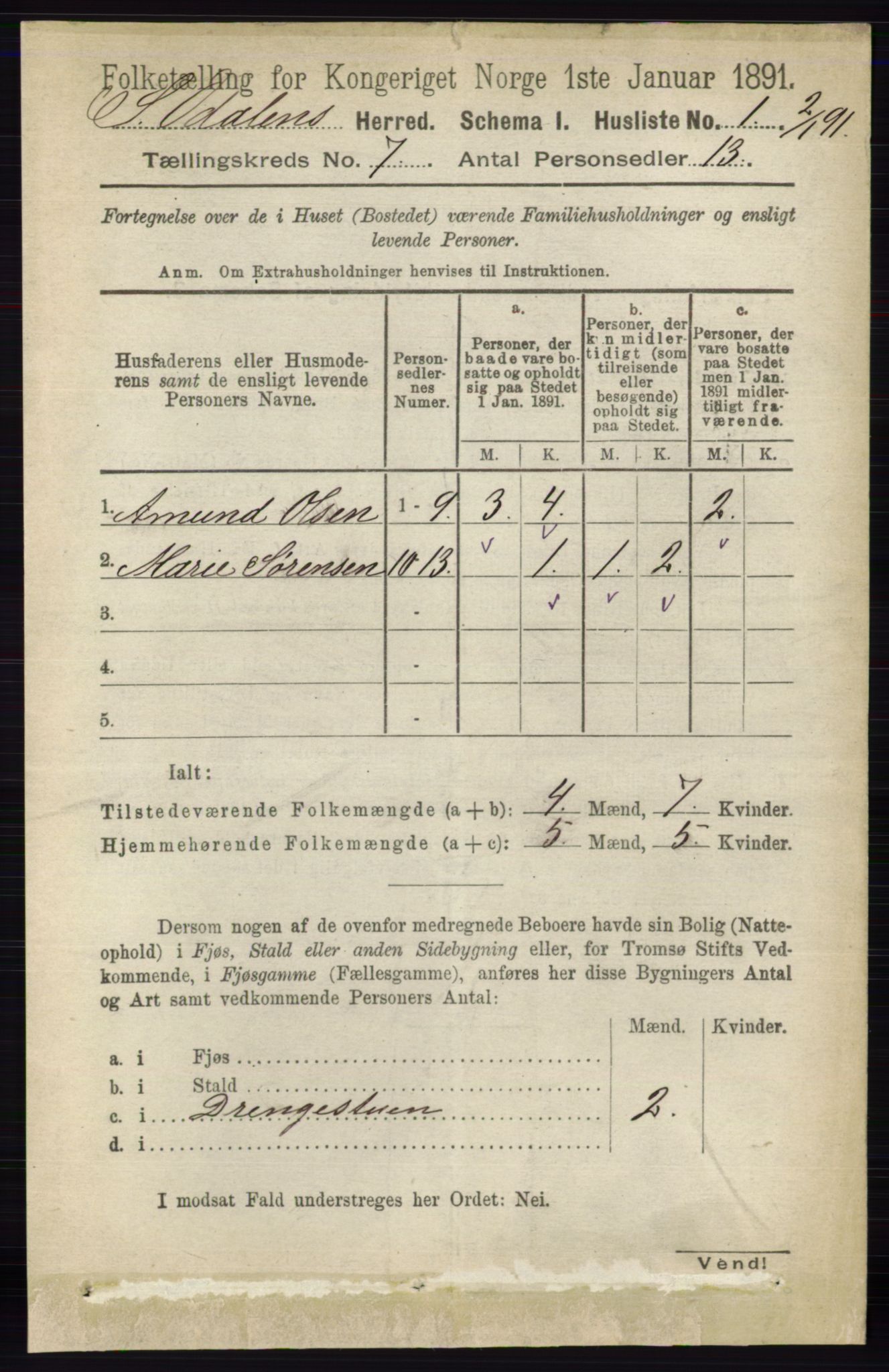 RA, 1891 census for 0419 Sør-Odal, 1891, p. 3492