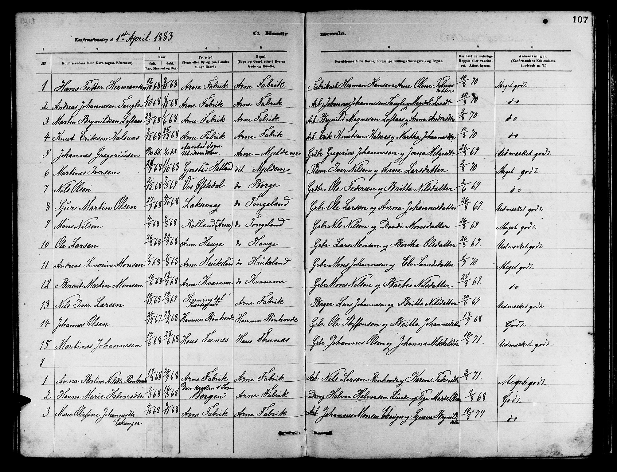Arna Sokneprestembete, SAB/A-74001/H/Ha/Hab: Parish register (copy) no. A 2, 1878-1887, p. 107