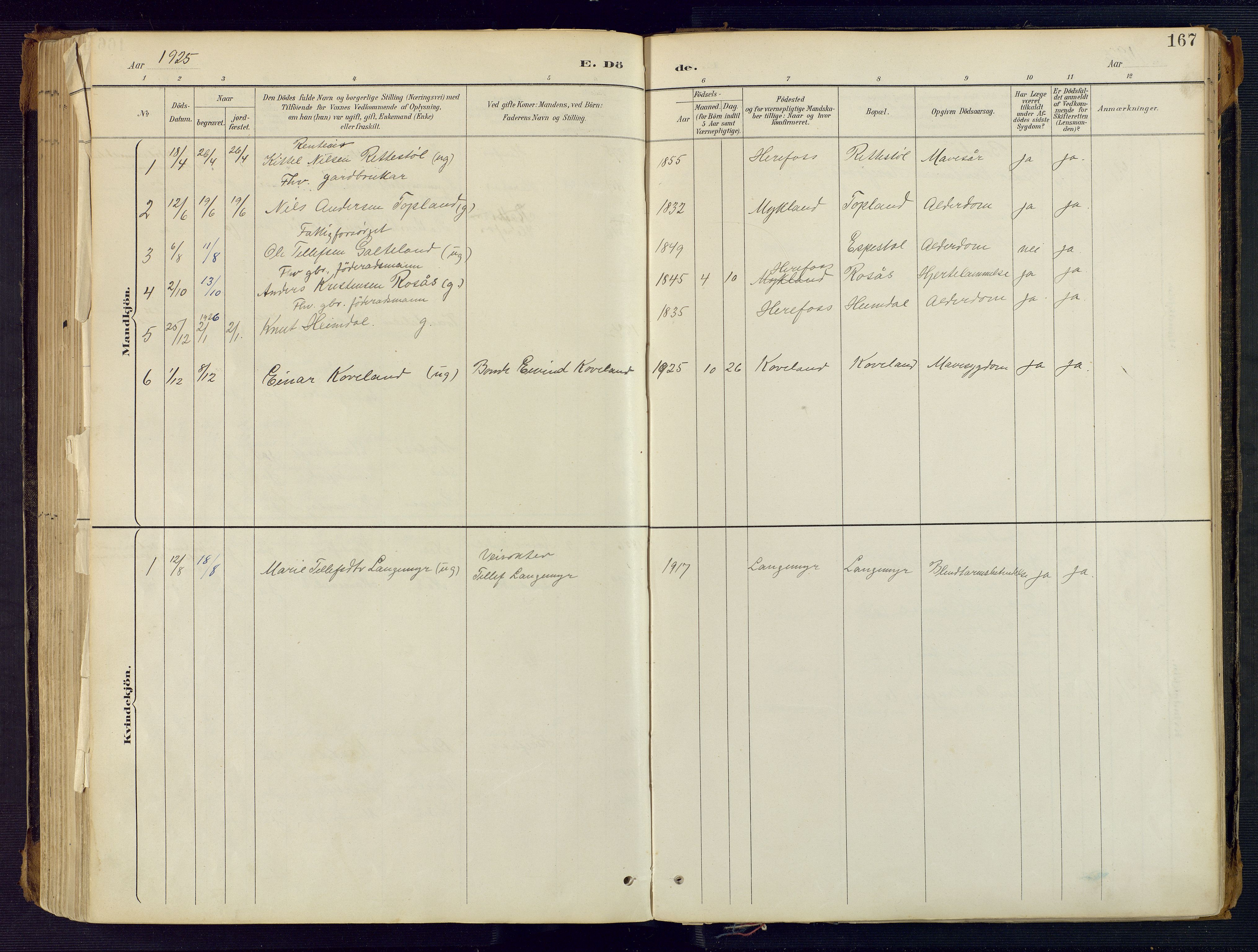 Herefoss sokneprestkontor, SAK/1111-0019/F/Fa/Faa/L0003: Parish register (official) no. A 3, 1887-1930, p. 167