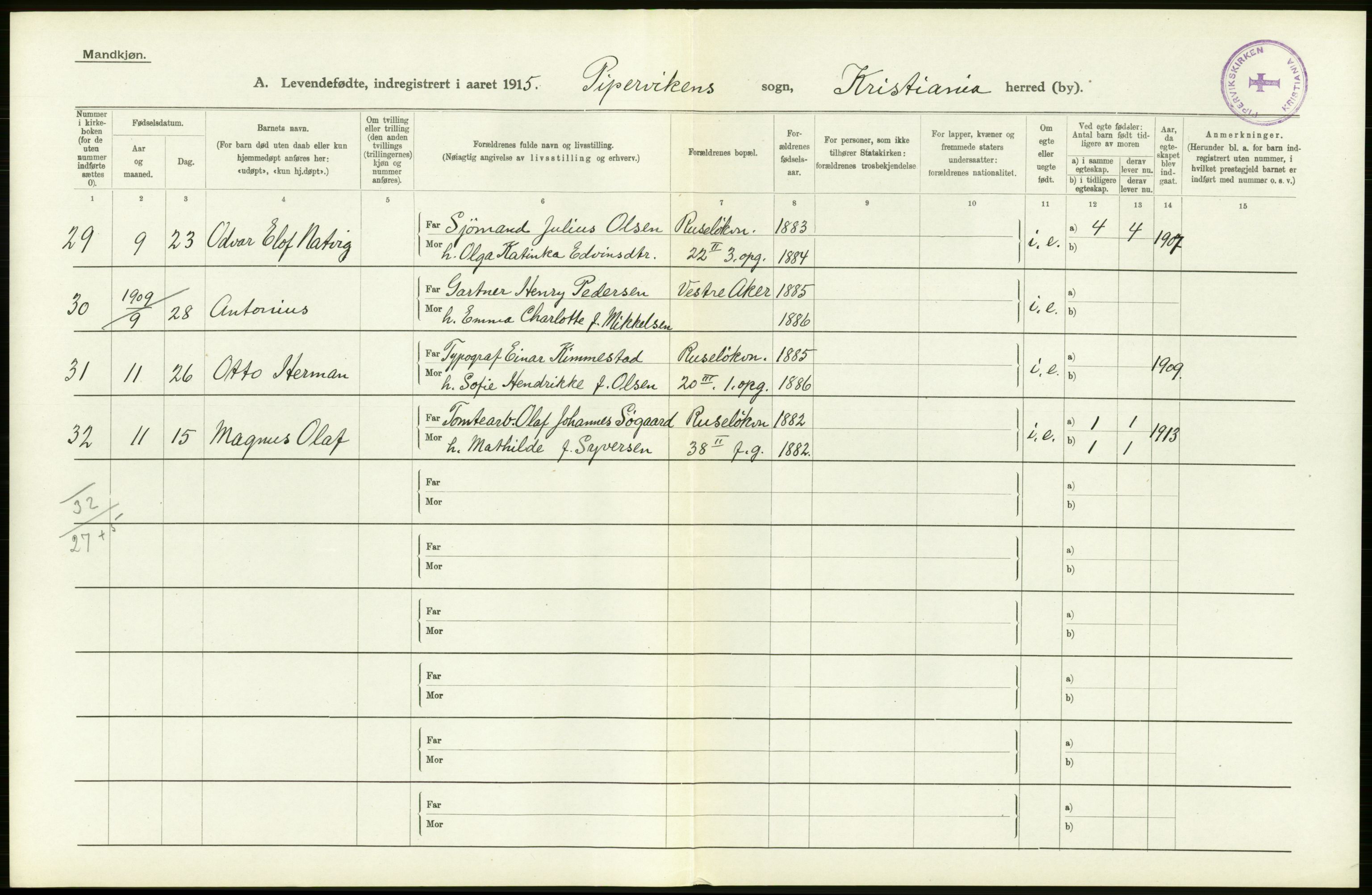 Statistisk sentralbyrå, Sosiodemografiske emner, Befolkning, RA/S-2228/D/Df/Dfb/Dfbe/L0006: Kristiania: Levendefødte menn og kvinner., 1915, p. 292