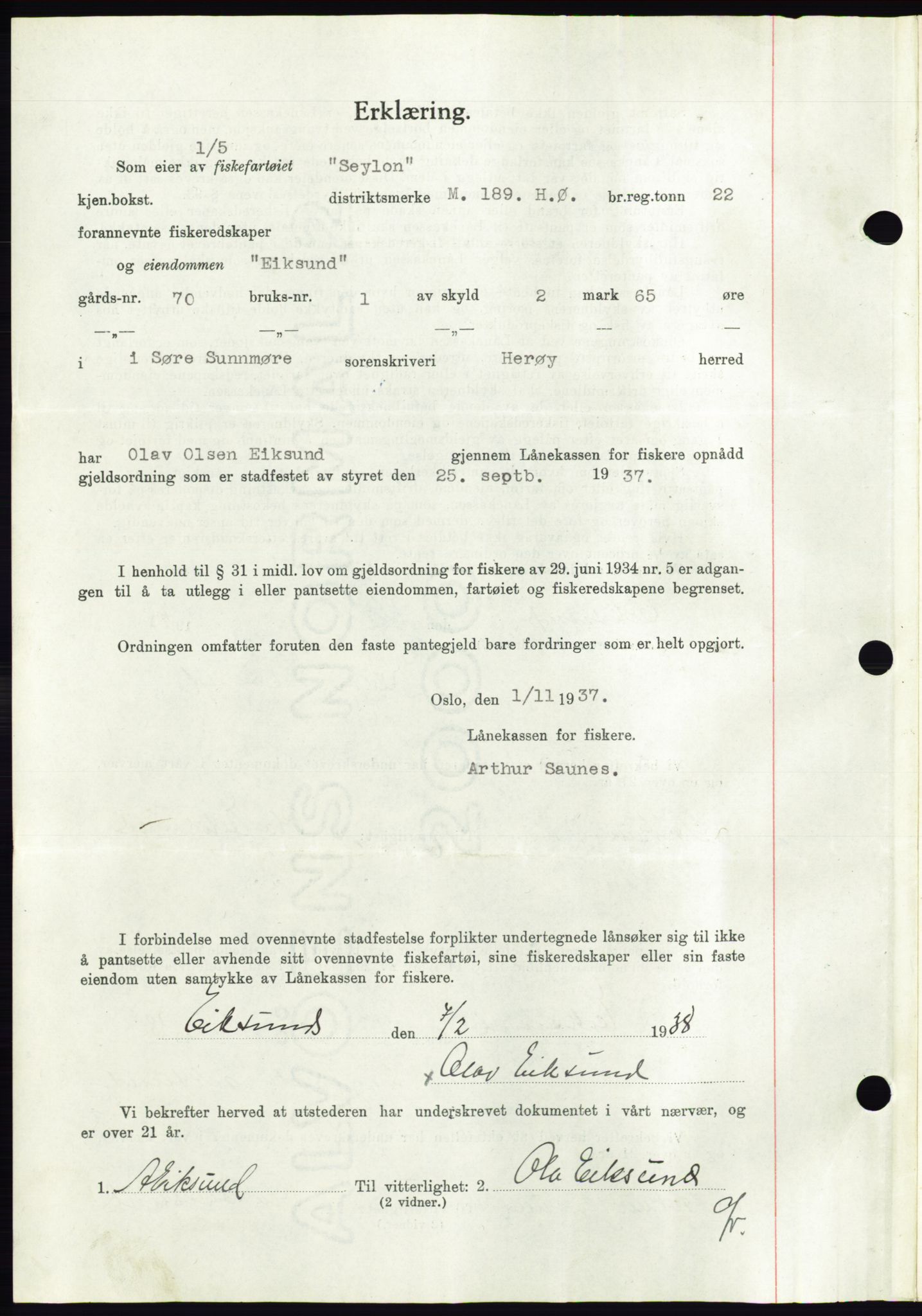 Søre Sunnmøre sorenskriveri, AV/SAT-A-4122/1/2/2C/L0064: Mortgage book no. 58, 1937-1938, Diary no: : 170/1938