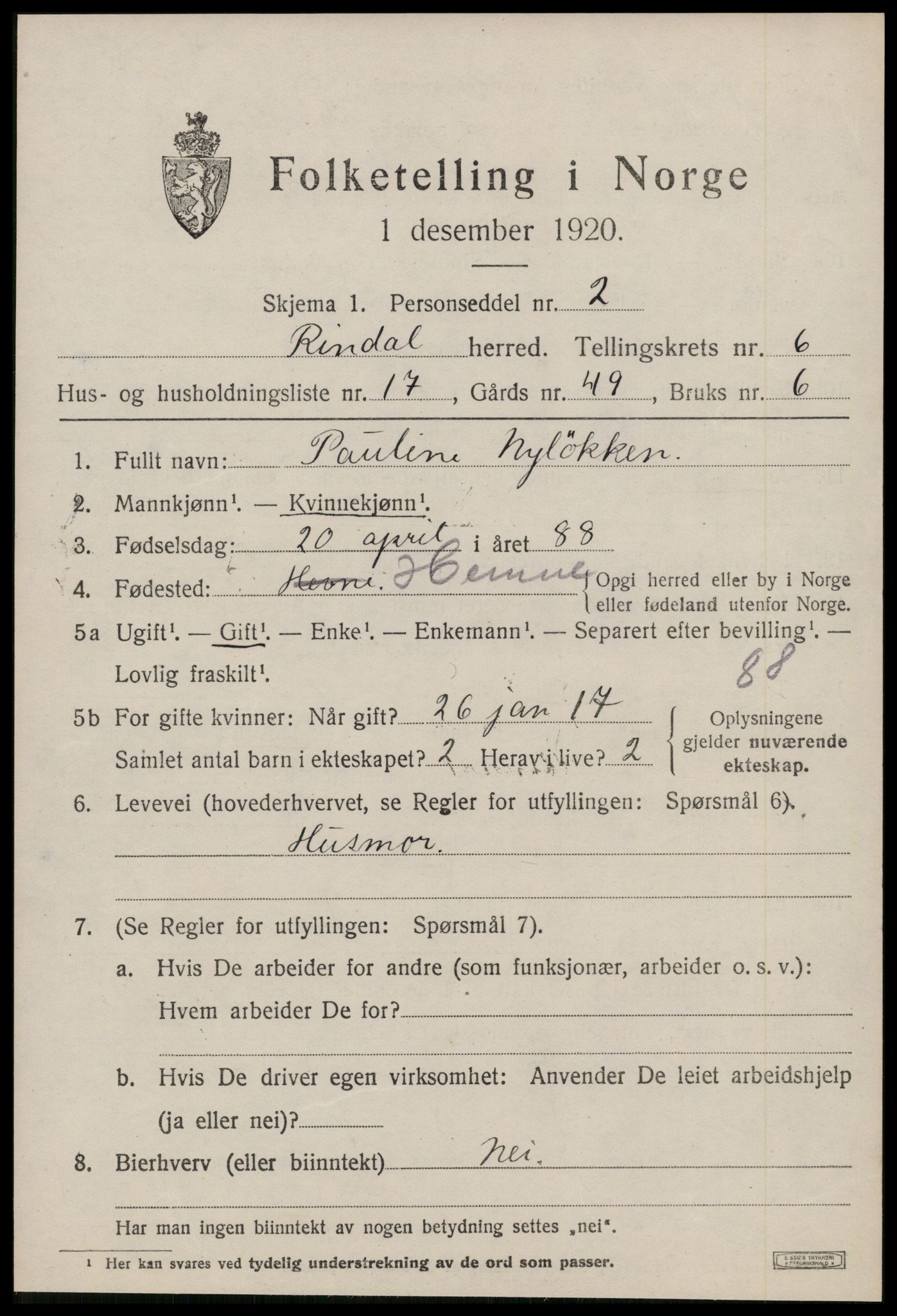 SAT, 1920 census for Rindal, 1920, p. 3524