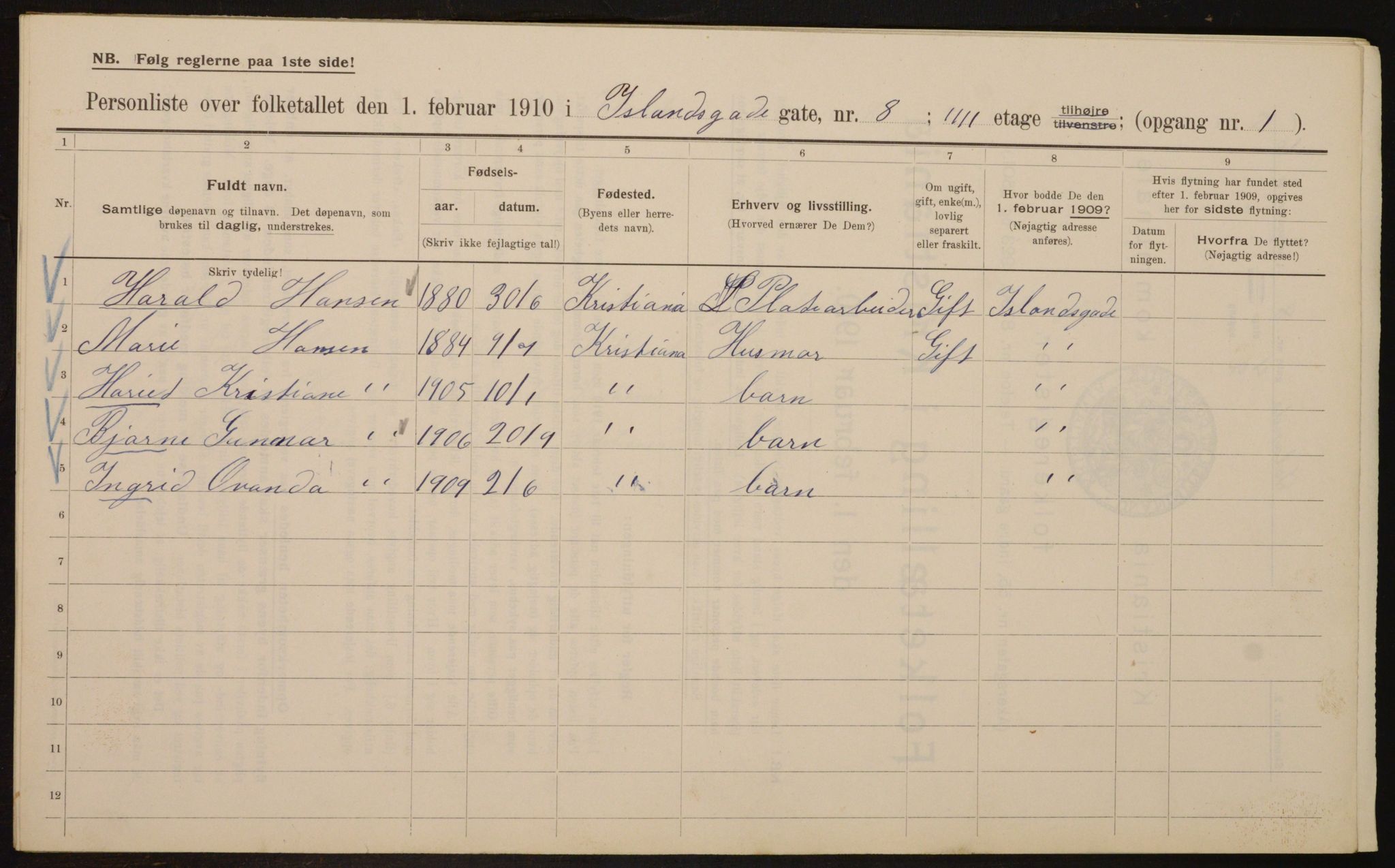 OBA, Municipal Census 1910 for Kristiania, 1910, p. 43480