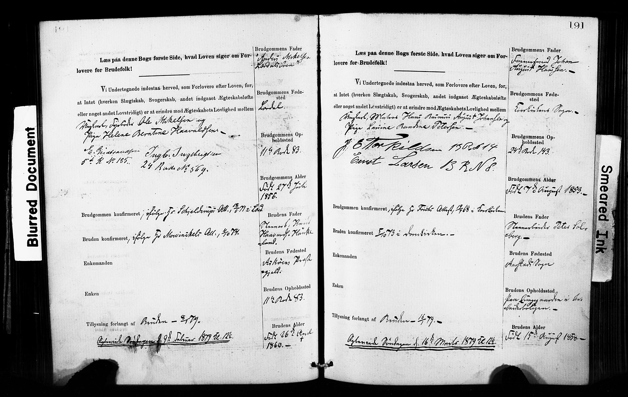Domkirken sokneprestembete, AV/SAB-A-74801: Best man's statements no. II.5.8, 1876-1882, p. 191