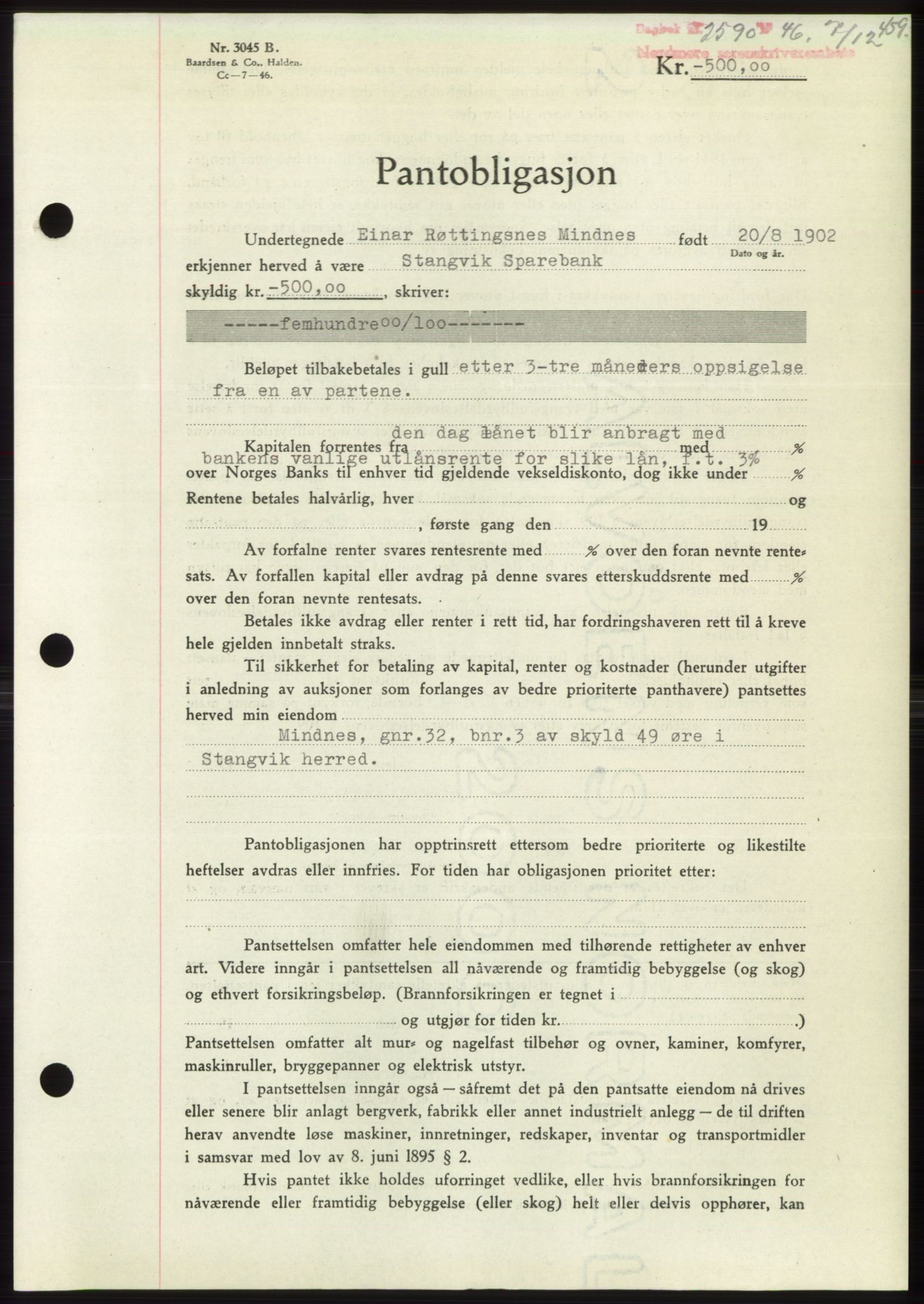 Nordmøre sorenskriveri, AV/SAT-A-4132/1/2/2Ca: Mortgage book no. B95, 1946-1947, Diary no: : 2590/1946