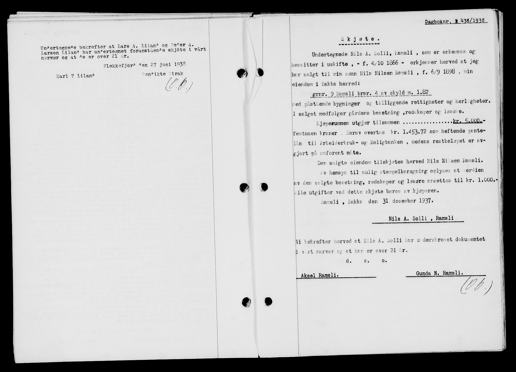 Flekkefjord sorenskriveri, SAK/1221-0001/G/Gb/Gba/L0054: Mortgage book no. A-2, 1937-1938, Diary no: : 438/1938