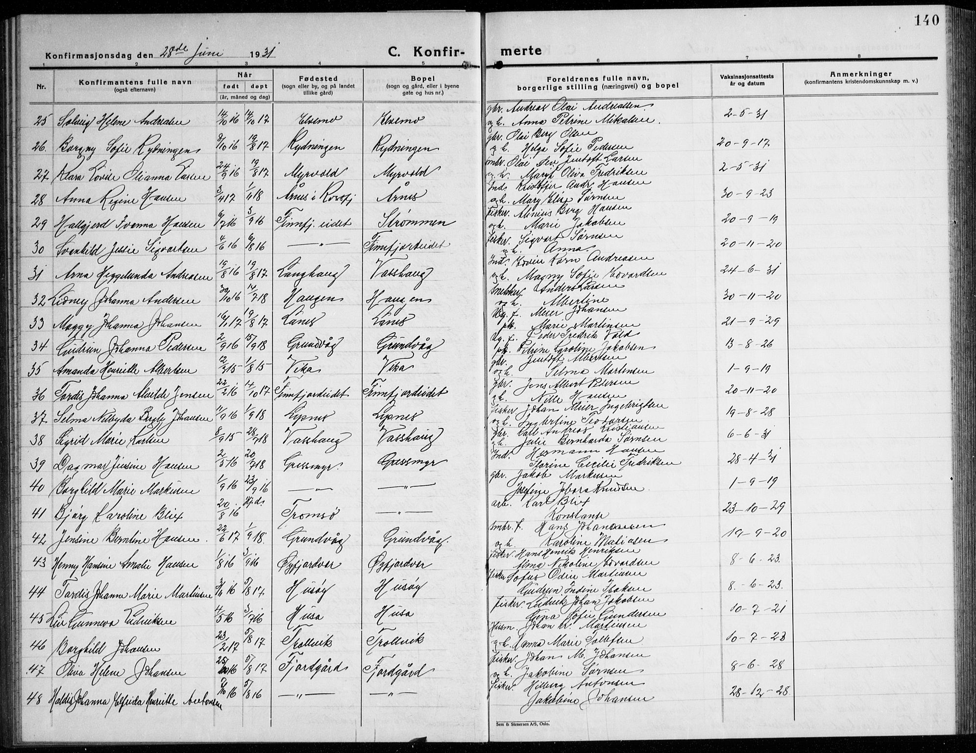 Lenvik sokneprestembete, SATØ/S-1310/H/Ha/Hab/L0010klokker: Parish register (copy) no. 10, 1927-1945, p. 140