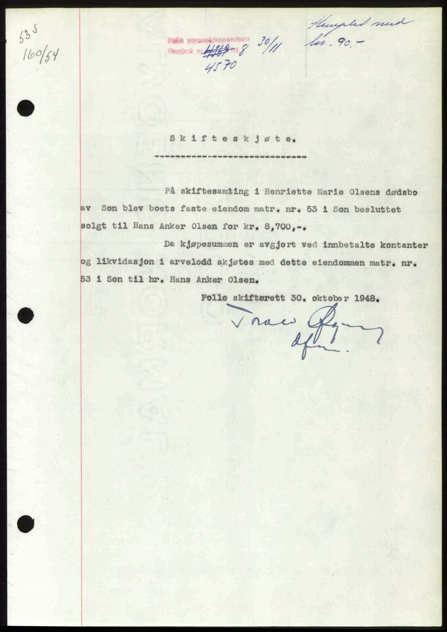 Follo sorenskriveri, SAO/A-10274/G/Ga/Gaa/L0085: Mortgage book no. I 85, 1948-1948, Diary no: : 4570/1948