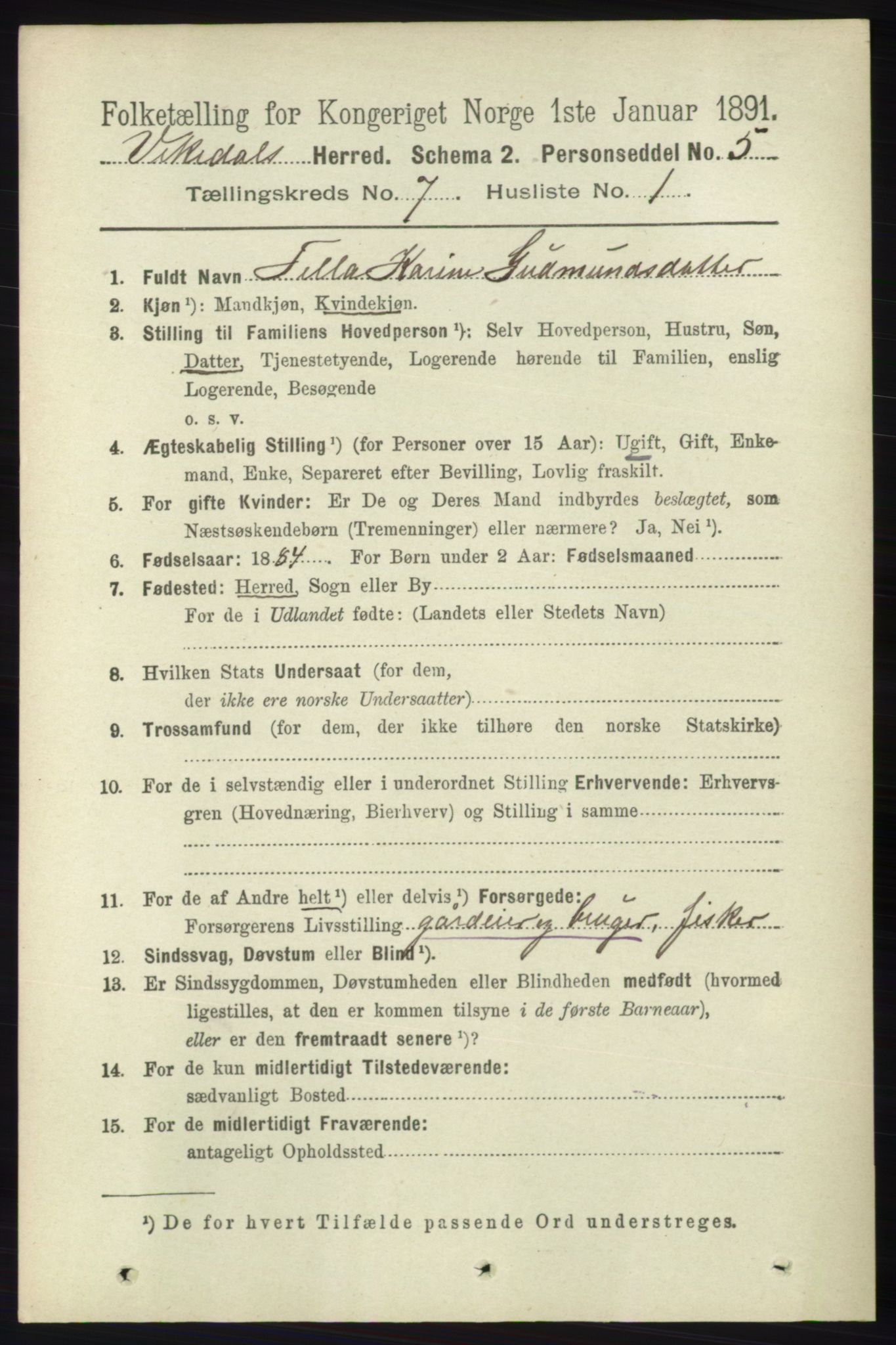 RA, 1891 census for 1157 Vikedal, 1891, p. 2038